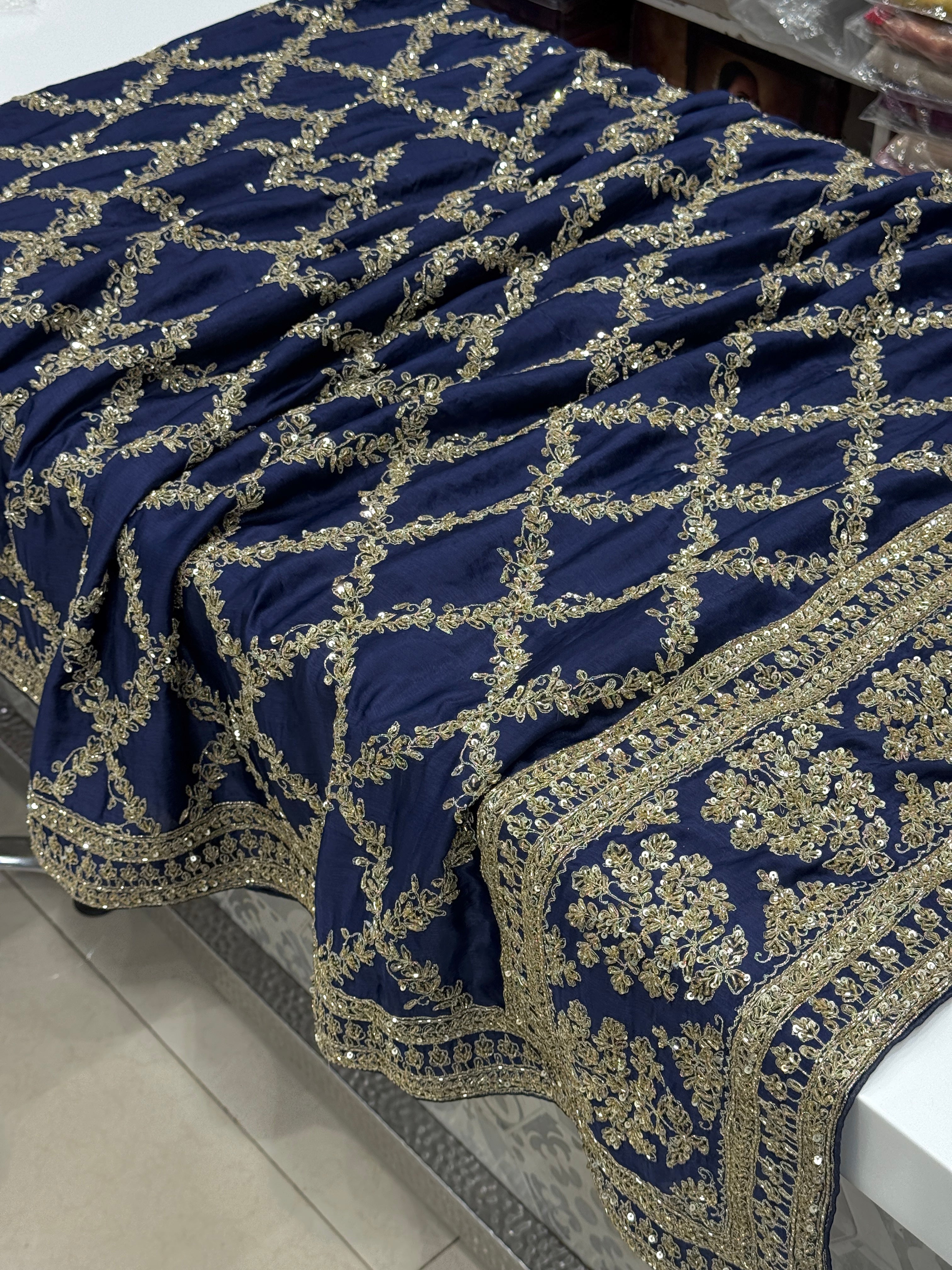 Blue Crepe Satin Sabyasachi Inspired Zardosi Jaal Embroidery Saree