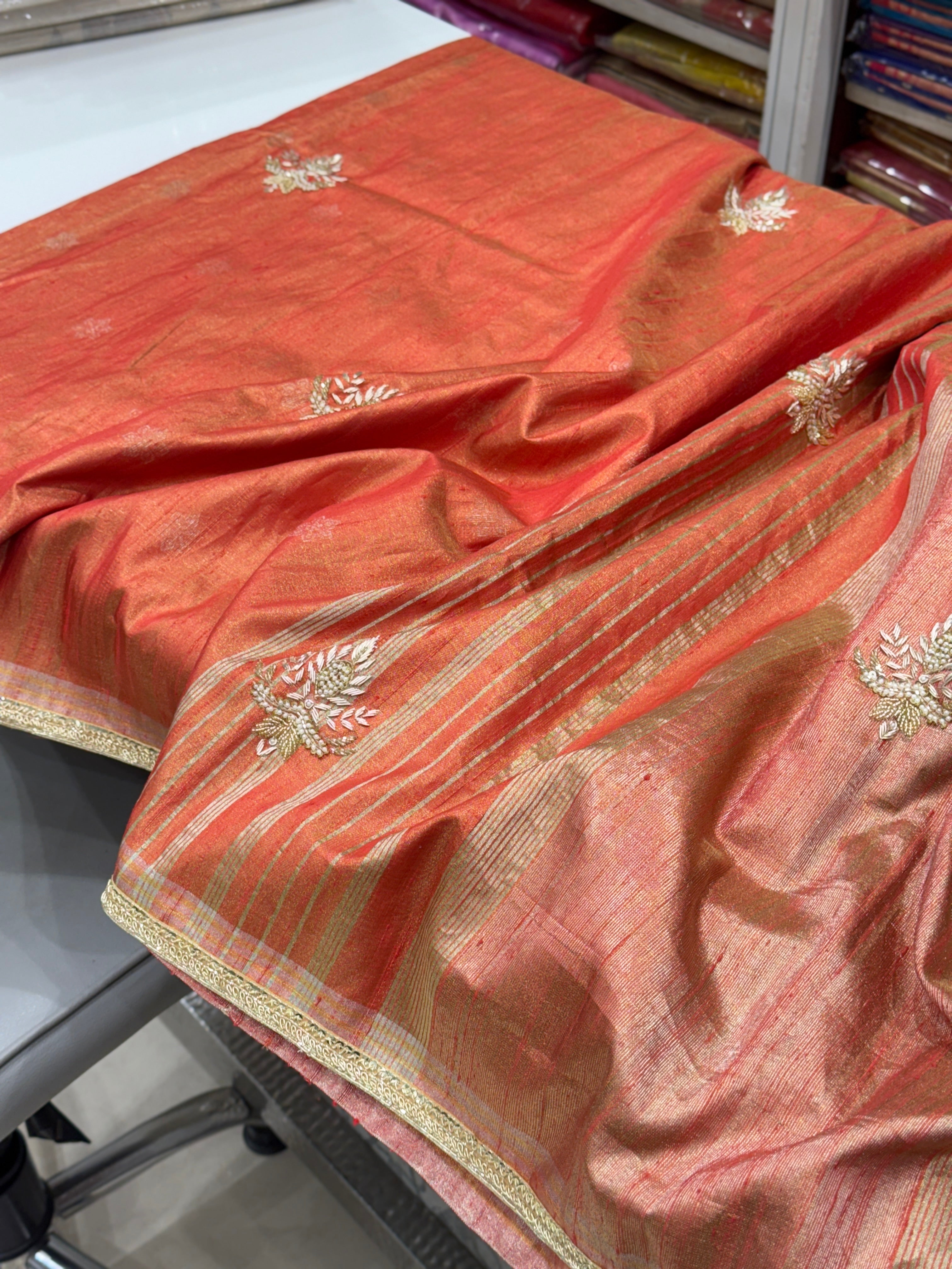 Peach Tissue Tussor Kanjivaram Zardosi Butta Saree