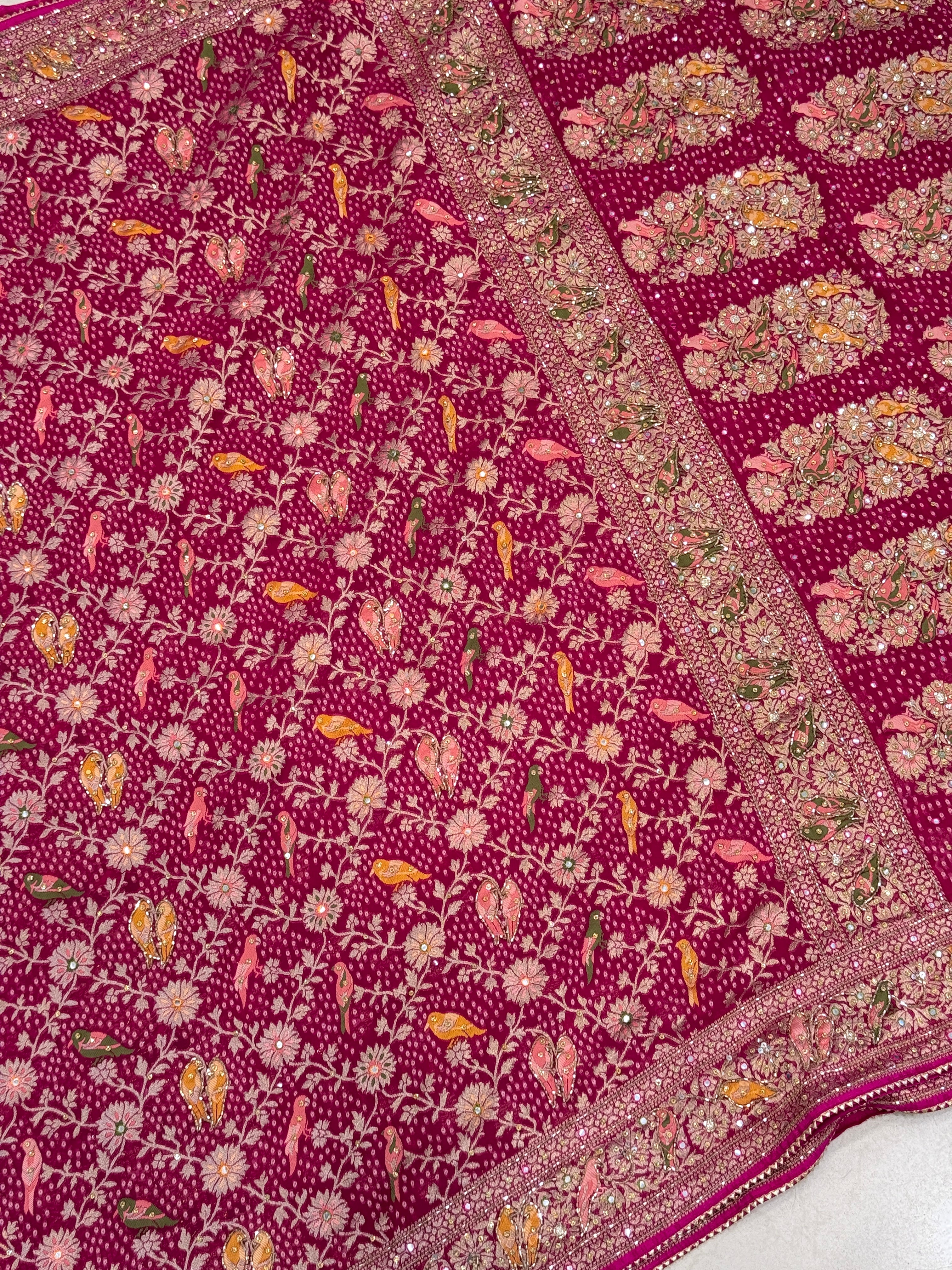 Rani Woven Bandhej  Meenakari  Parrot Motif Hand Embroidery Saree