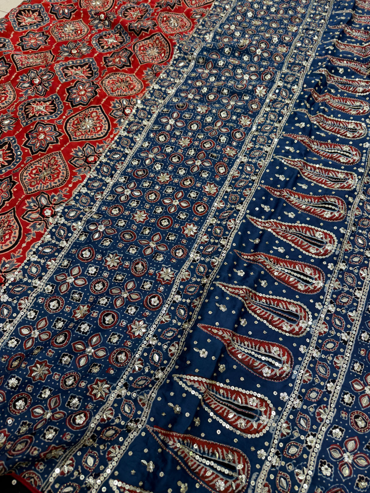 Red Blue Badam Jaal Ajrakh Sequin Moti Hand Embroidery Saree