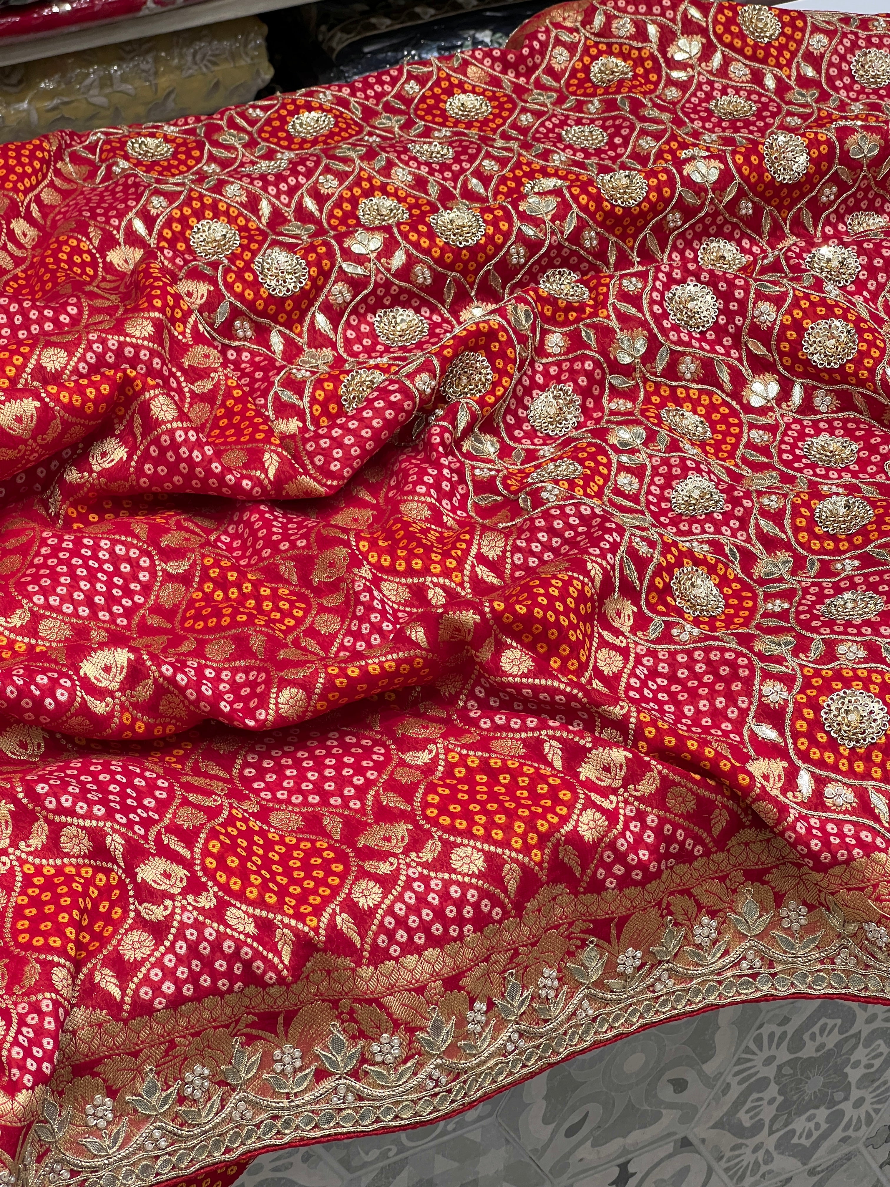 Red Woven Bandhej Half n Half Gotapatti Saree