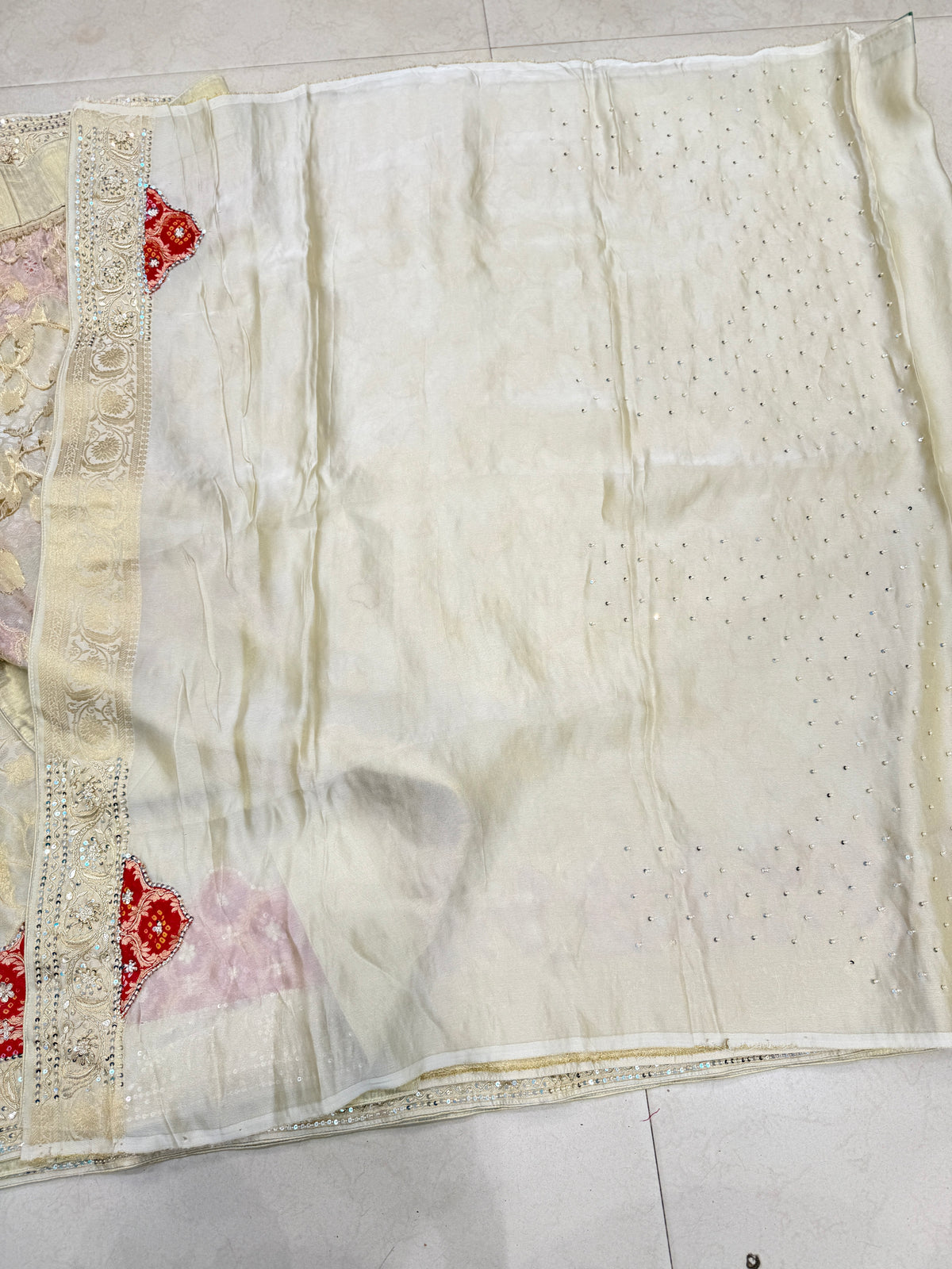 Beige Crepe Tissue Bandhani Patch Hand Embroidery Saree