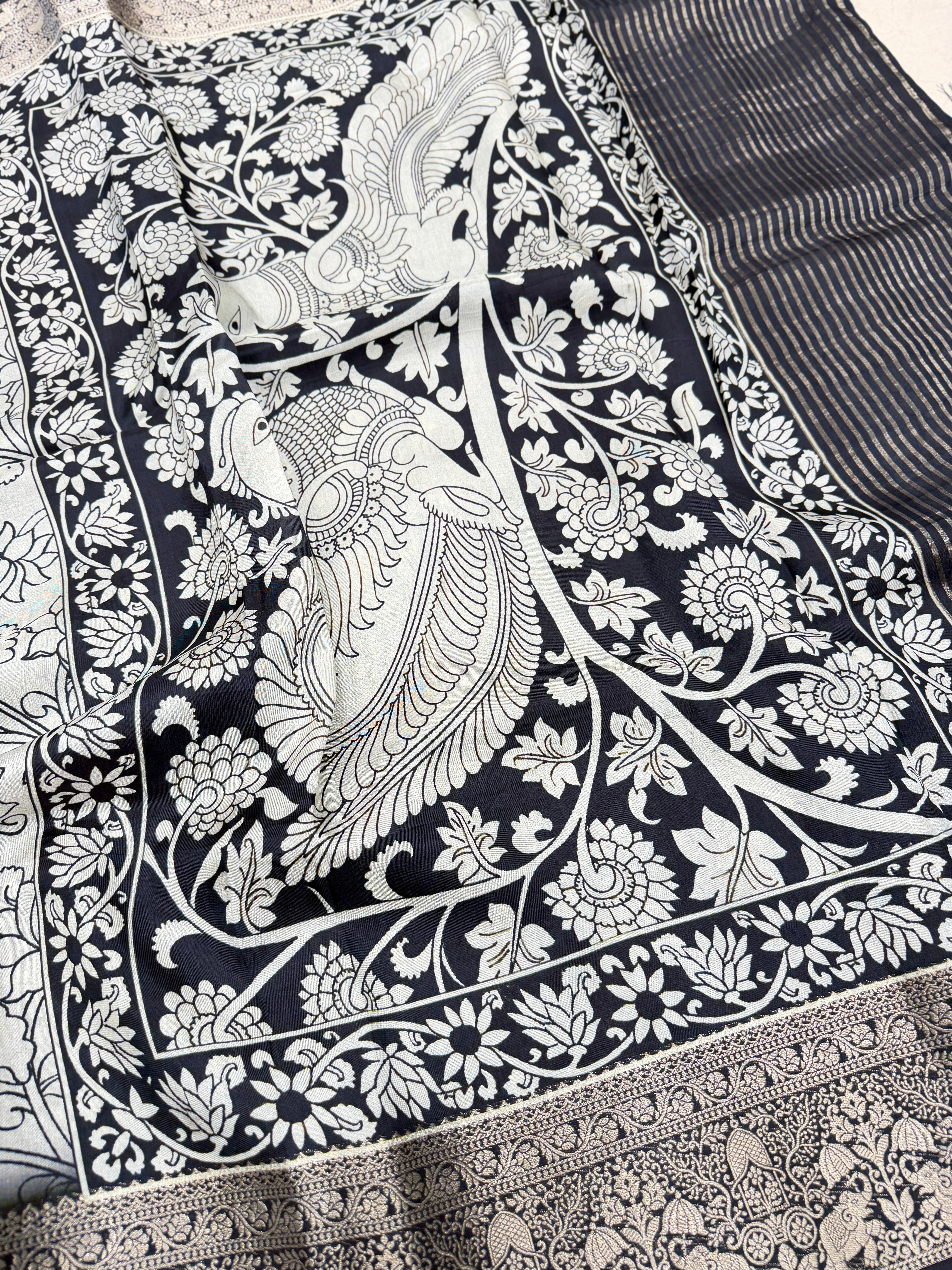 White and Black Printed Kalamkari Munga Silk Saree