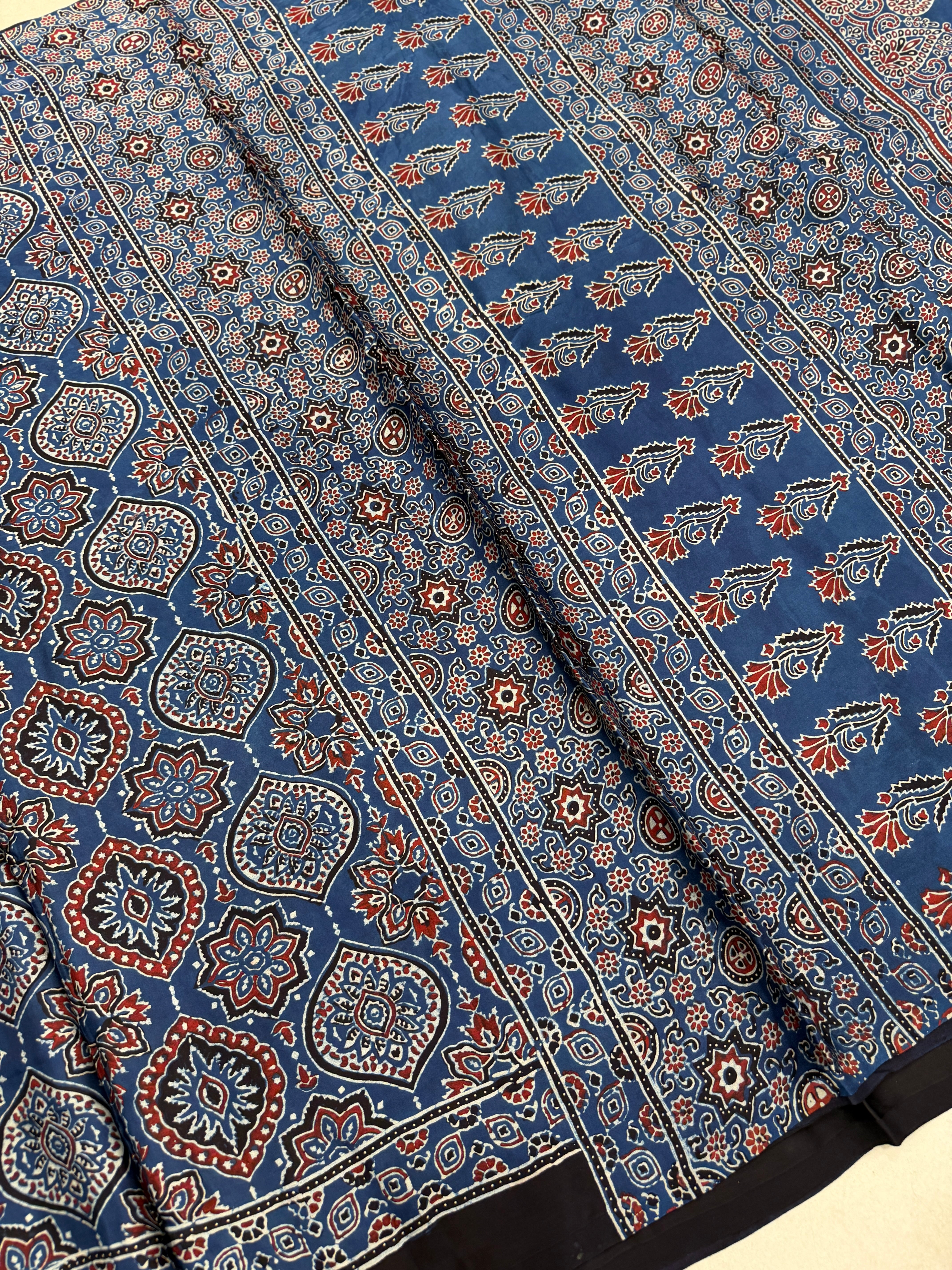 Blue Badam Jaal Ajrakh Hand Block Print Pure Gajji Silk Saree