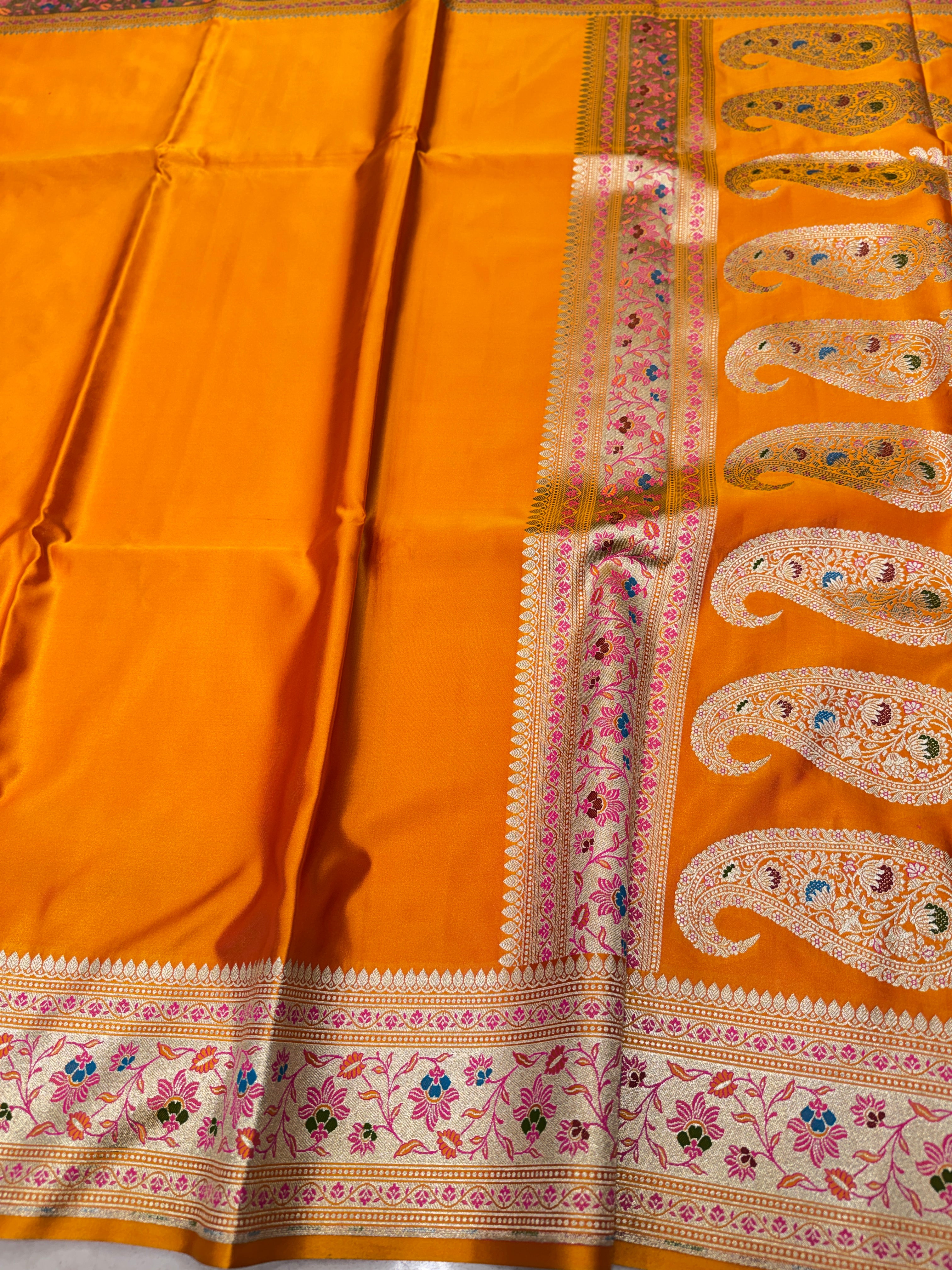 Mango Yellow Banarasi Plain Body Meena Pallu Border Saree