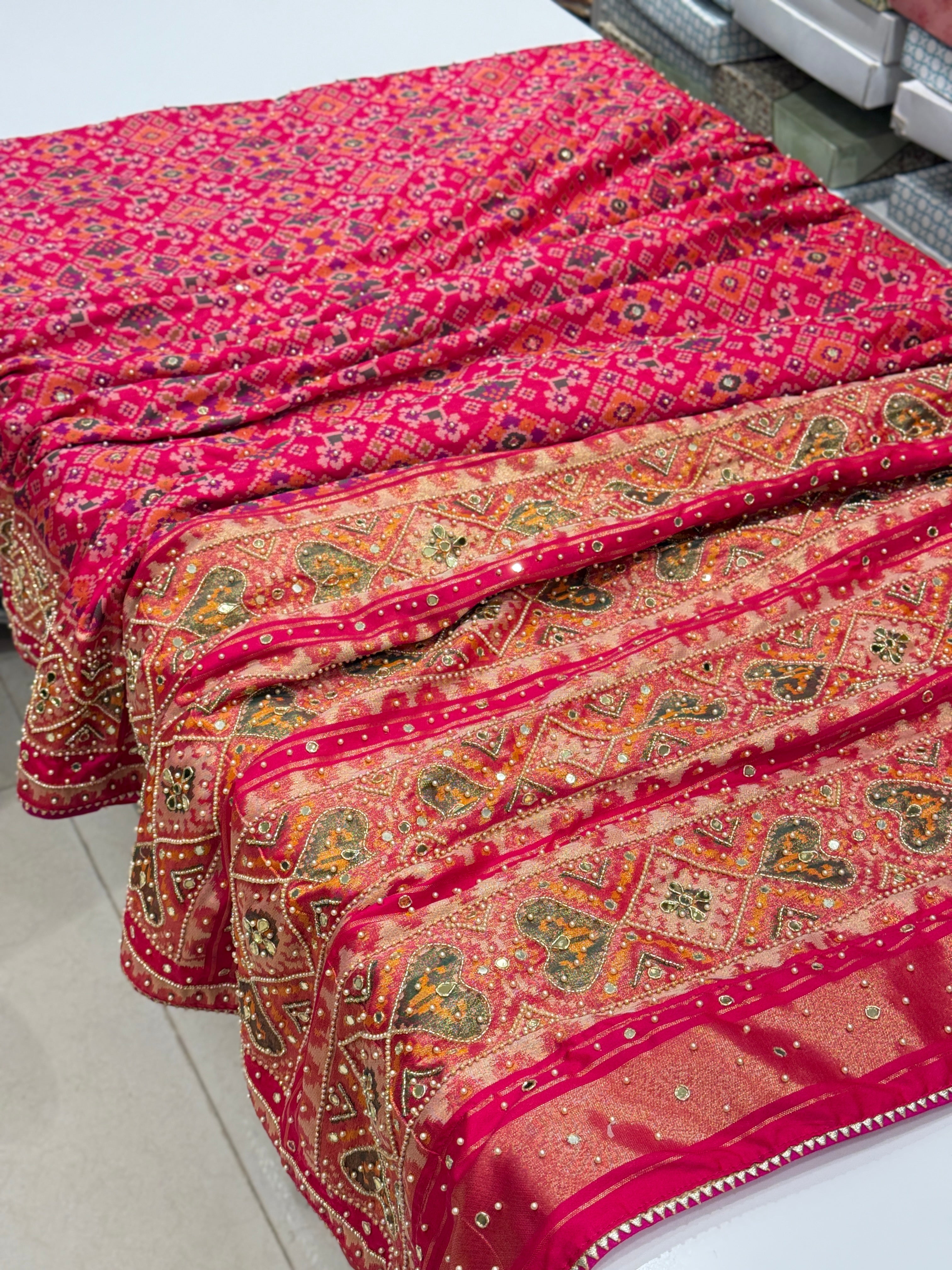 Rani Patola Moti Kutchi Embroidered Saree