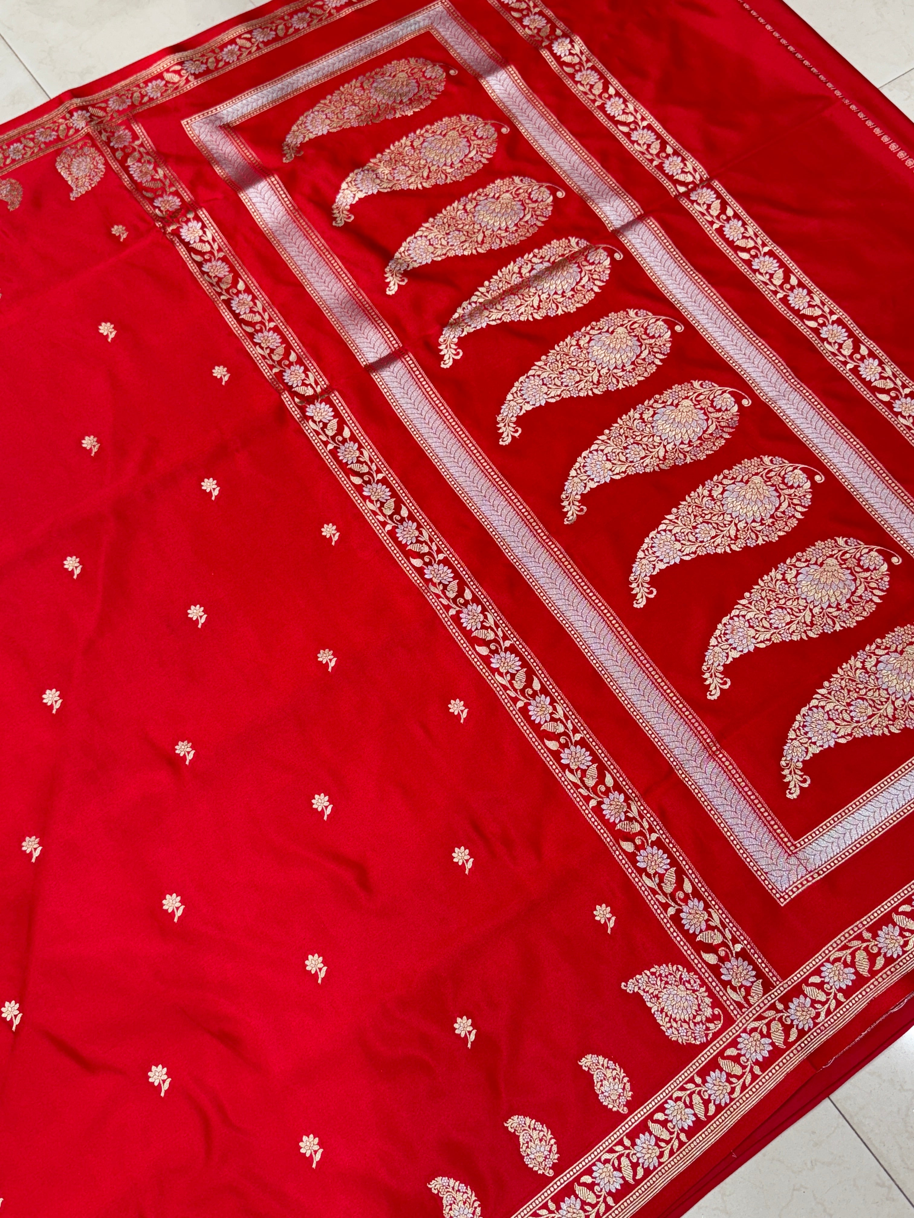 Red Sona Roopa Sunflower Butti Banarasi Silk Saree