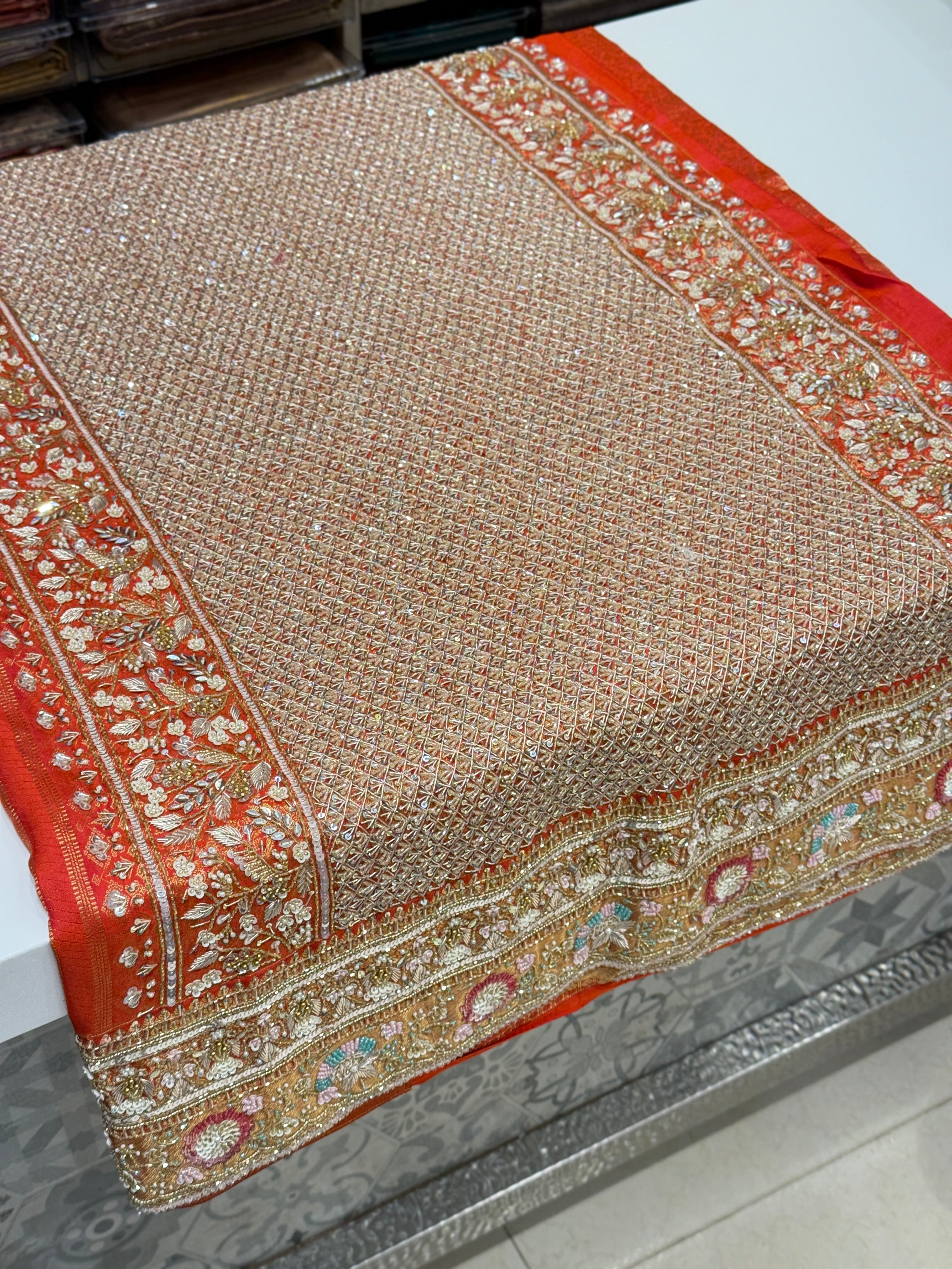Rust Orange Kanjivaram Hand Embroidery Saree