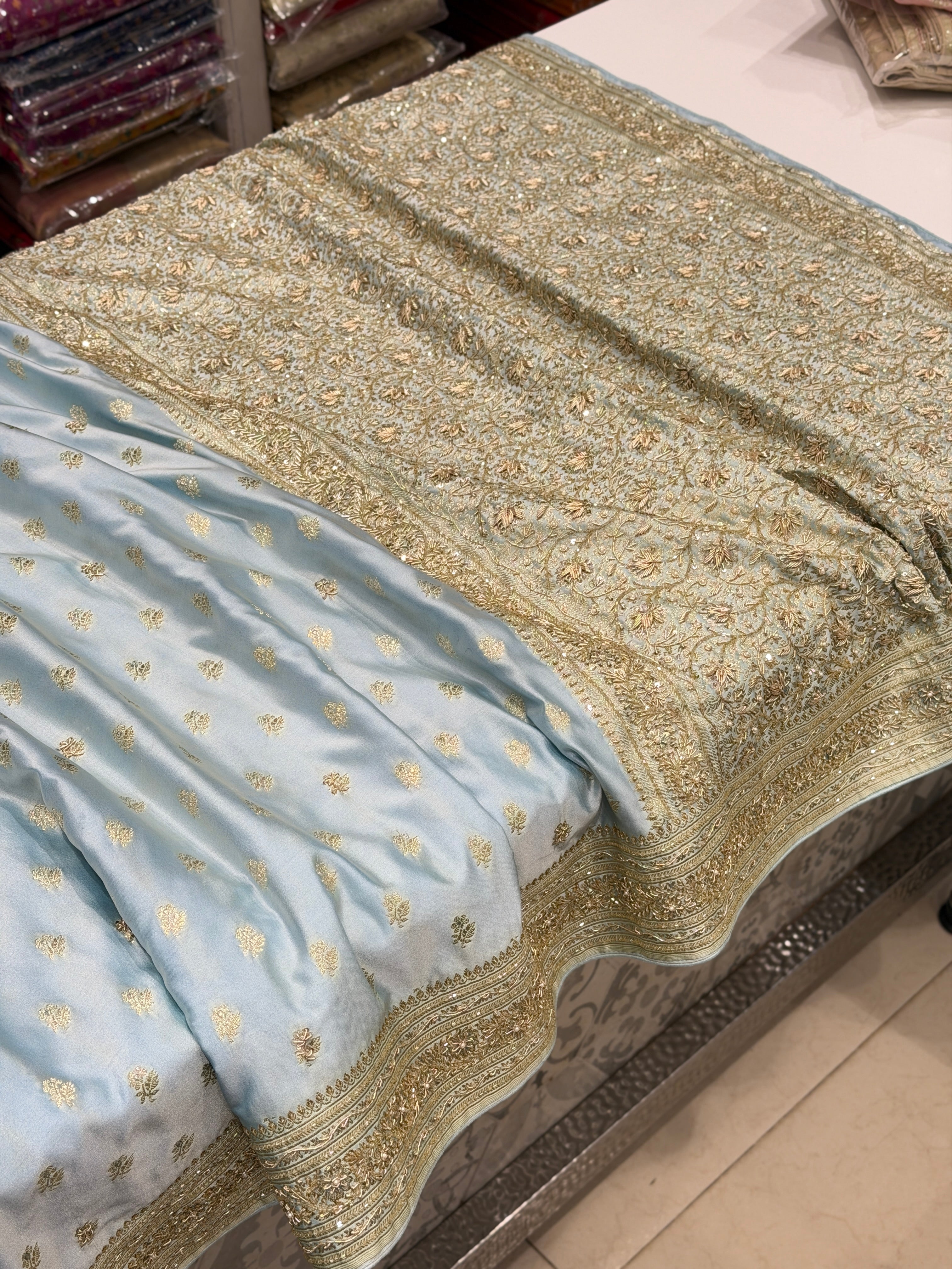 Light Blue Banarasi Buttis Zardosi Chain Hand Embroidery Saree