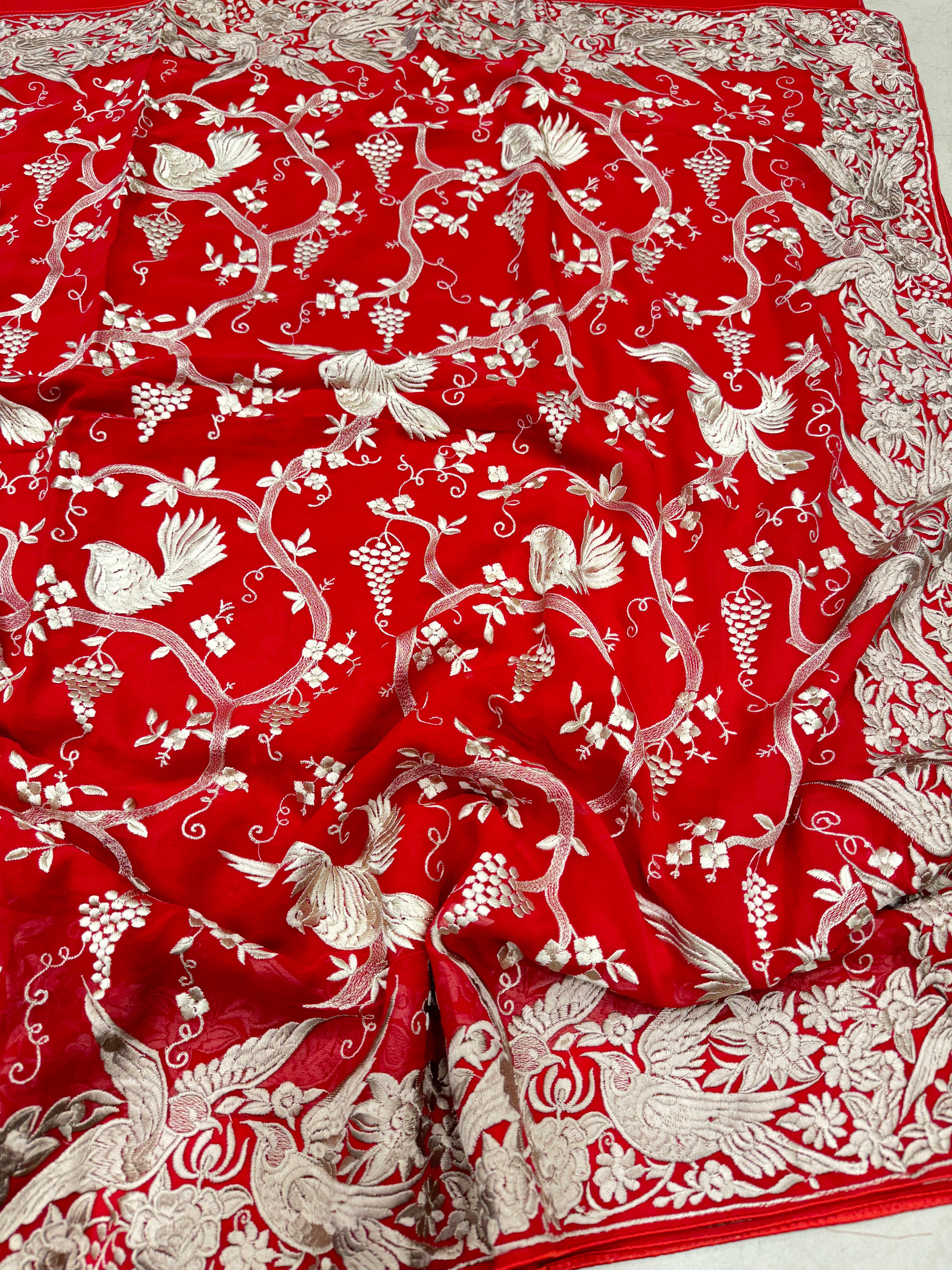 Red Georgette Parsi Garas Saree