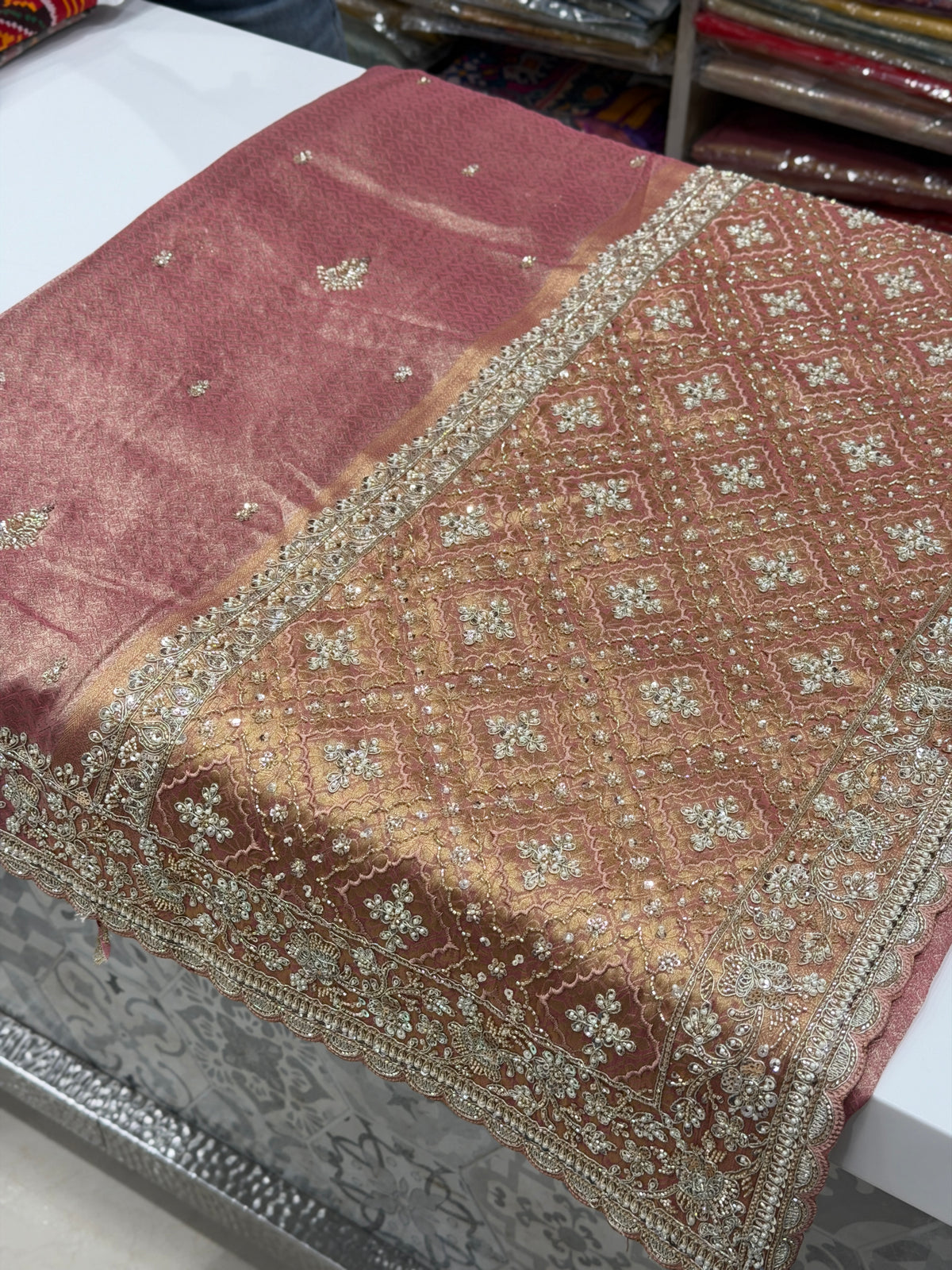 Light Pink Crepe Tissue Weaved Moti Cutana Embroidery Saree