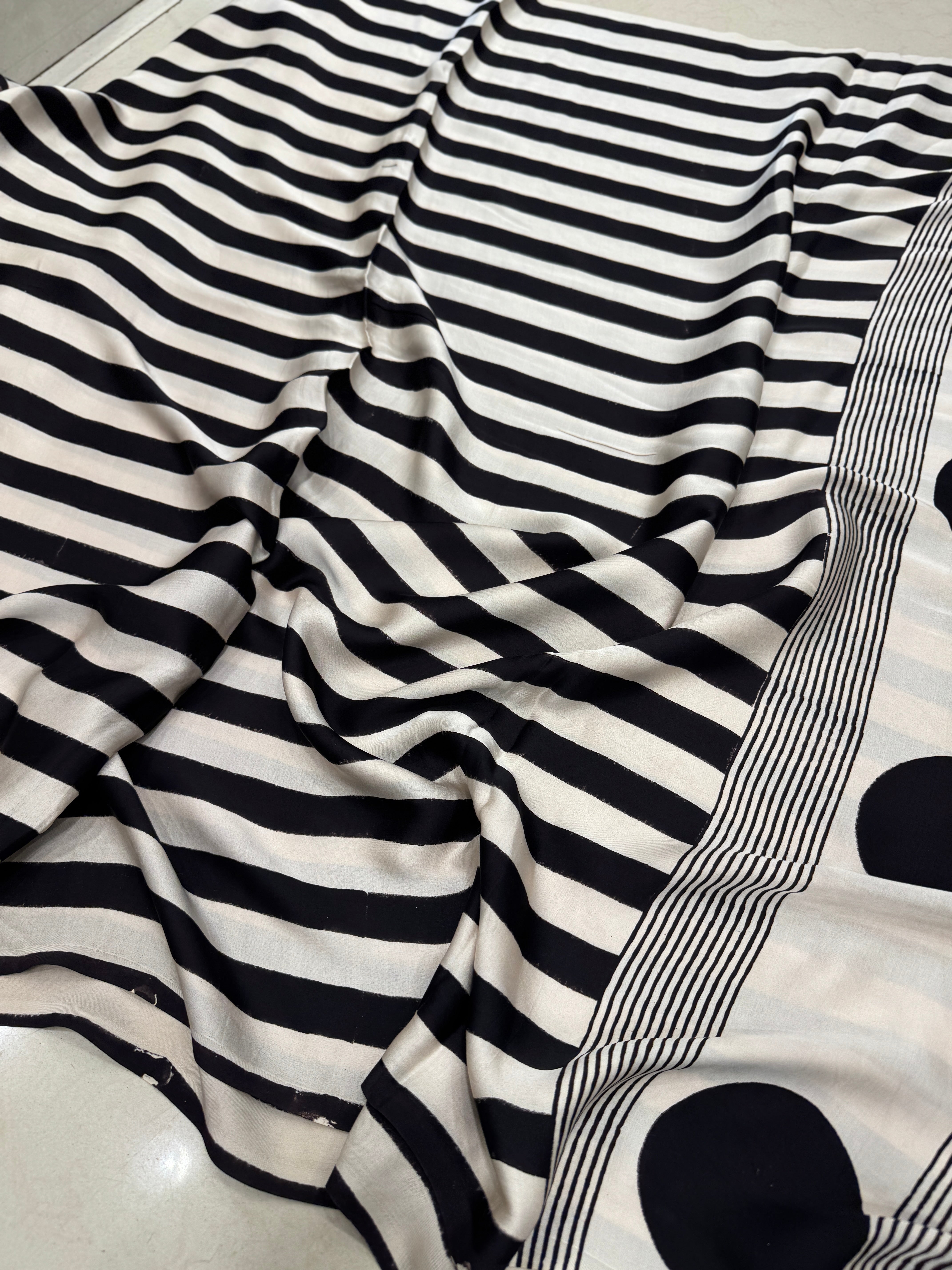 Black and White Contemporary Ajrakh Hand Block Print Pure Gajji Silk Saree