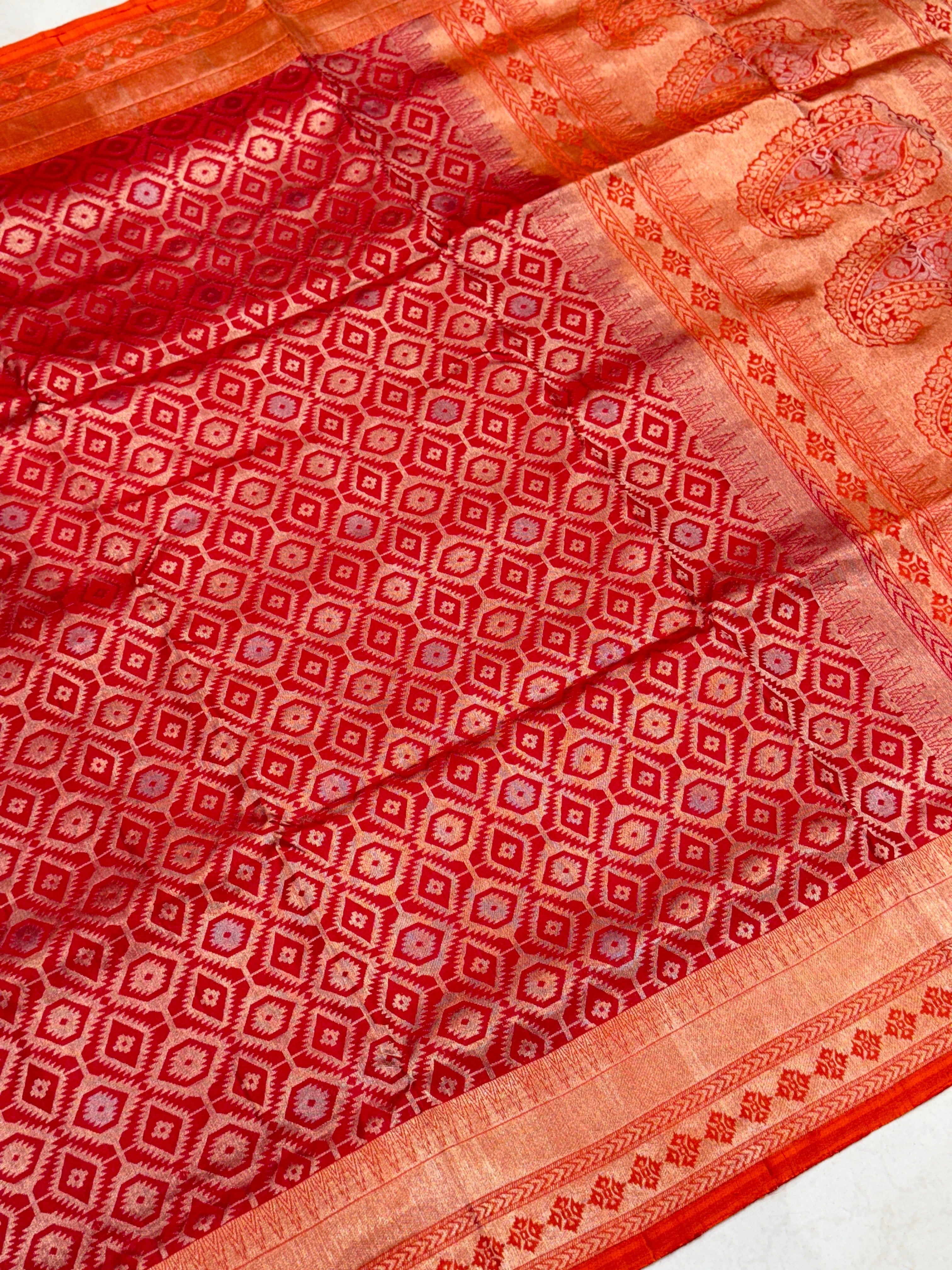 Red Orange Patola Design Inspired Handloom Kanchipuram Pure Silk Saree