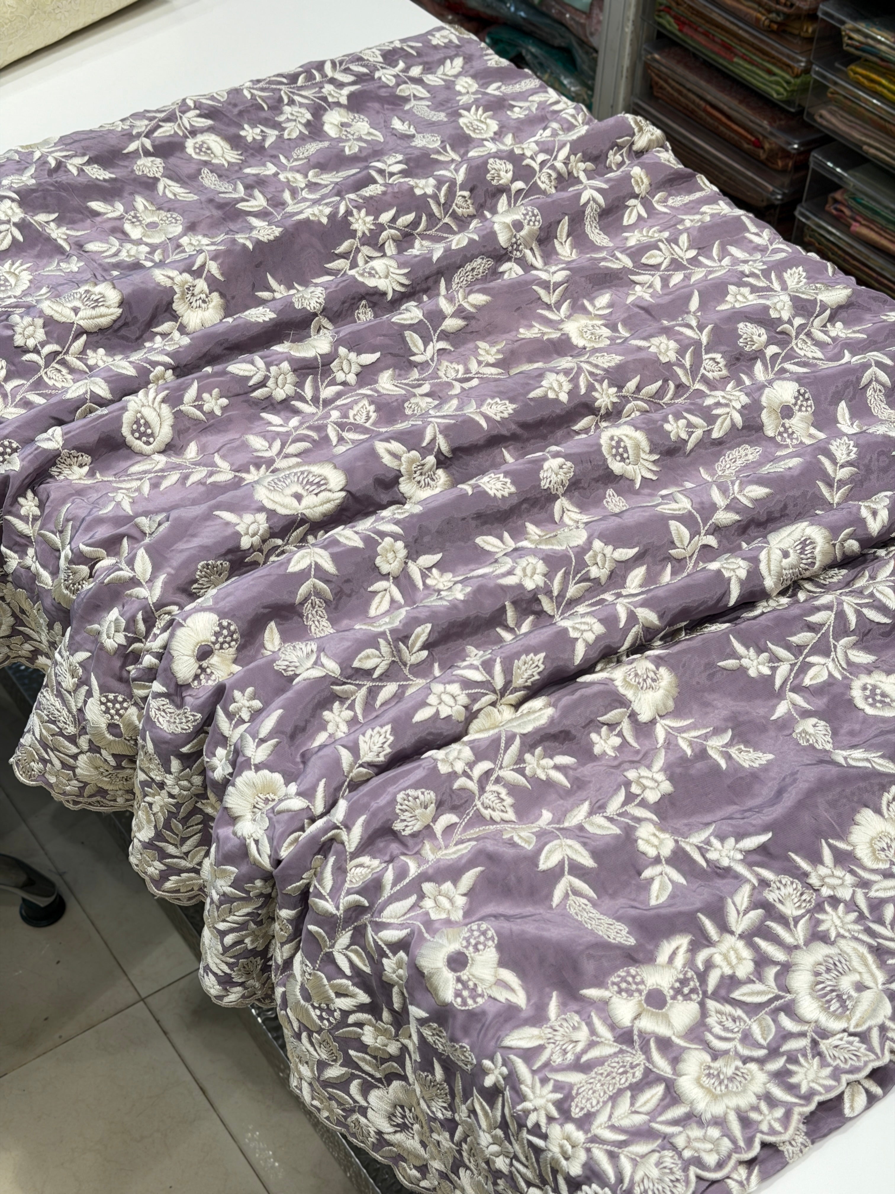 Lilac Crepe Floral Jaal Flamingo Resham Embroidery Saree