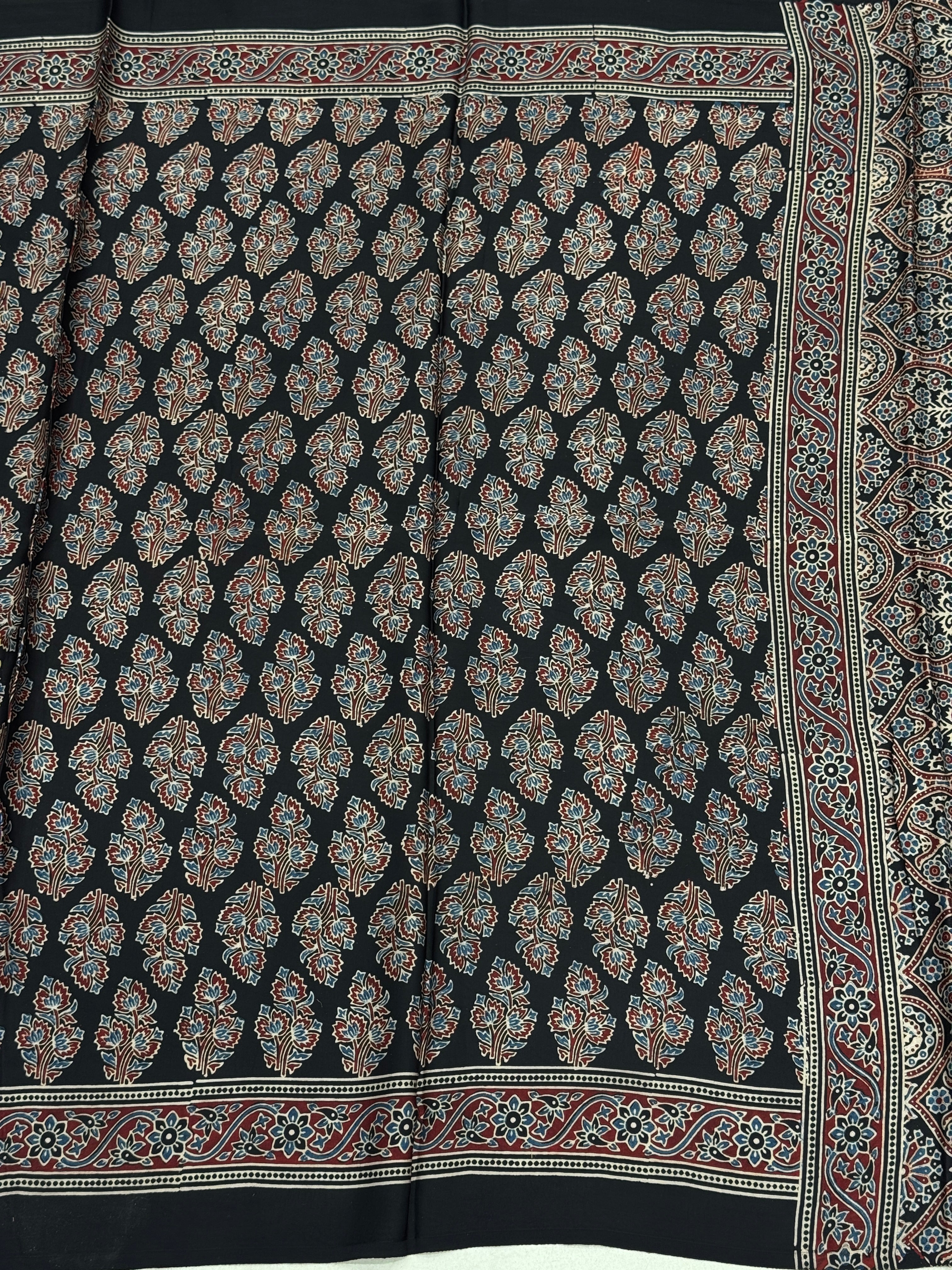 Black Tree Buttas Hand Block Print Ajrkah Pure Gajji Silk Saree