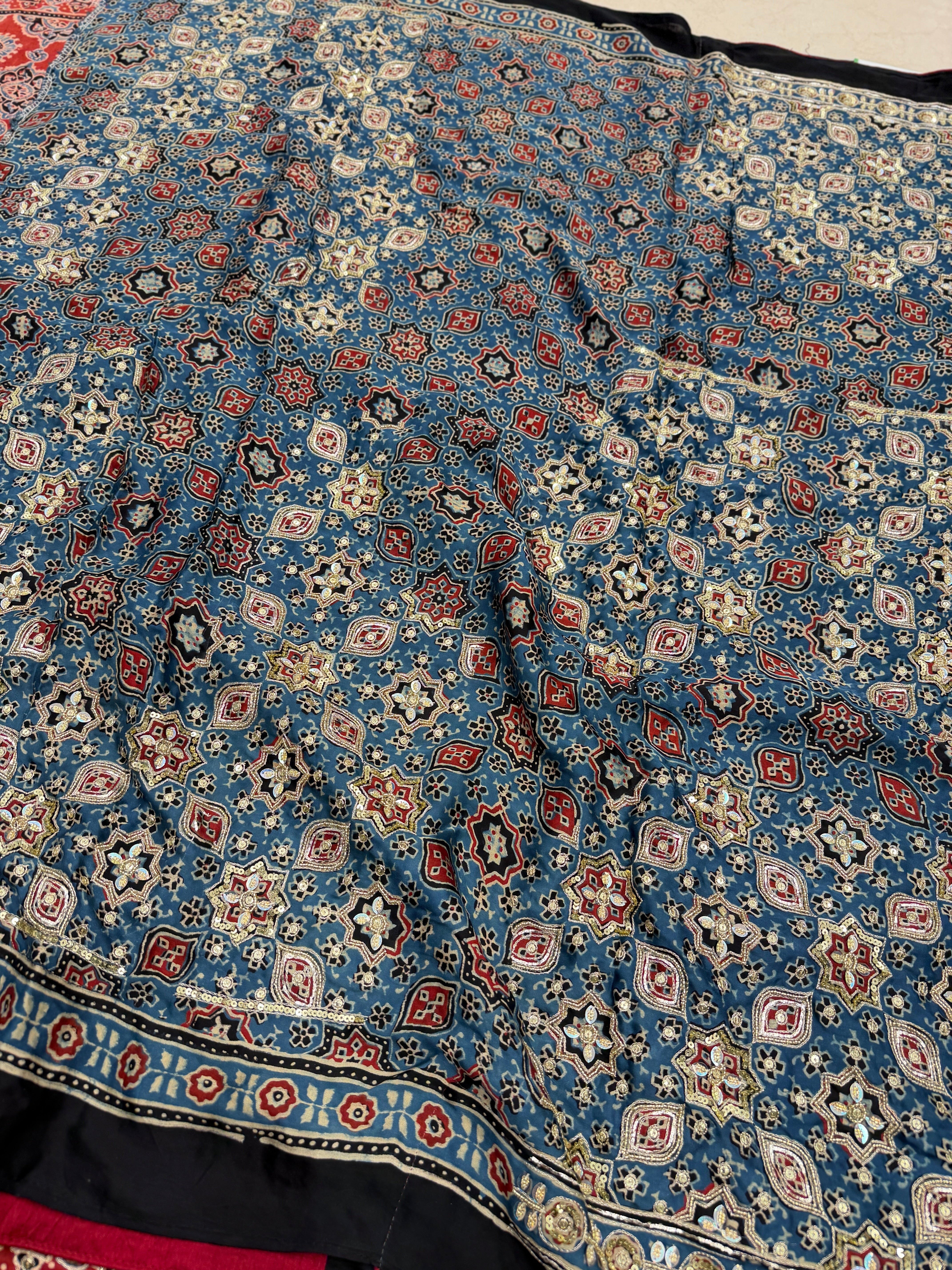 Red Blue Jaal Pita Sequin Ajrakh Hand Embroidery Saree