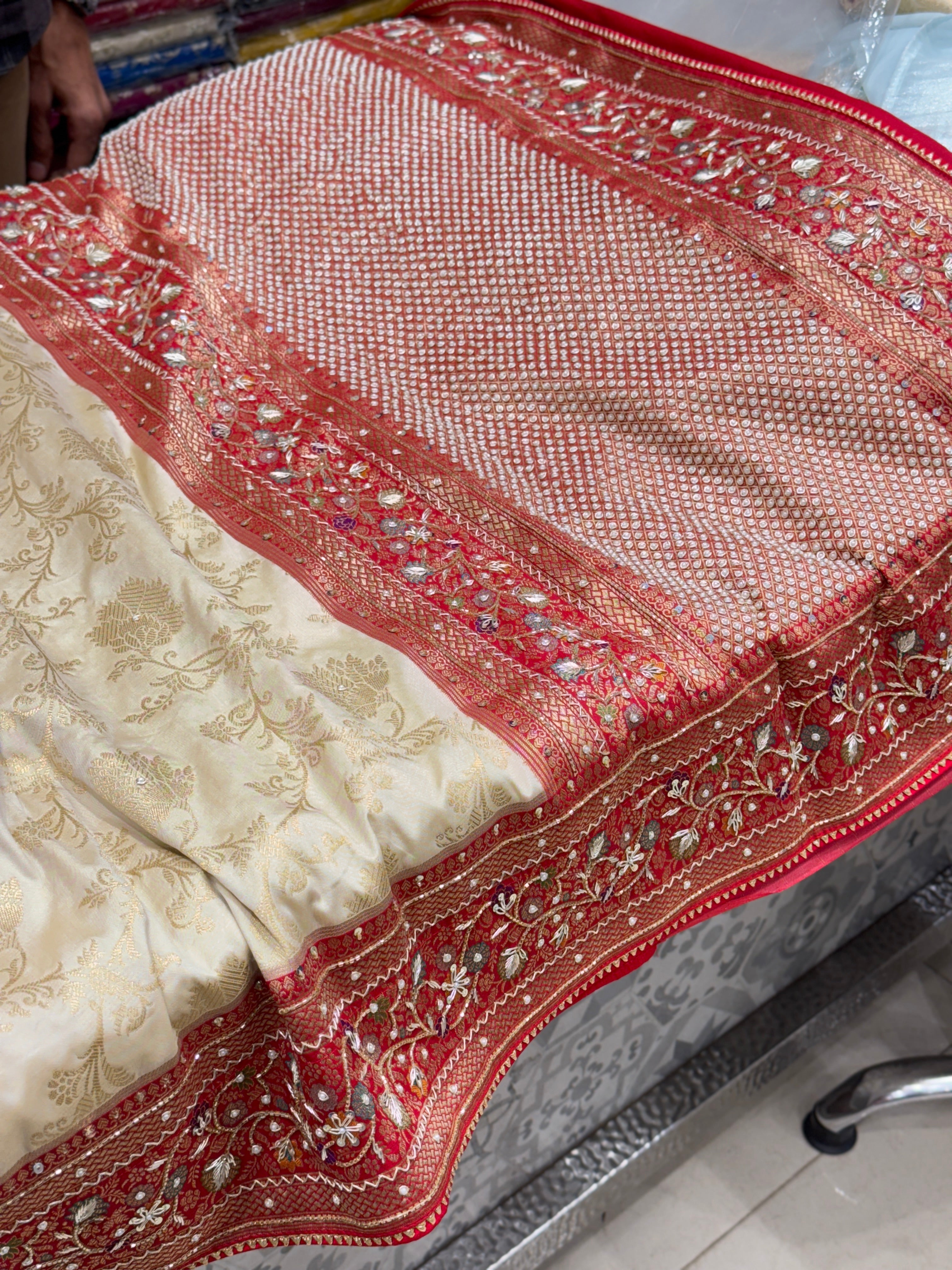 Beige Red Banarasi Border Hand Embroidery Saree