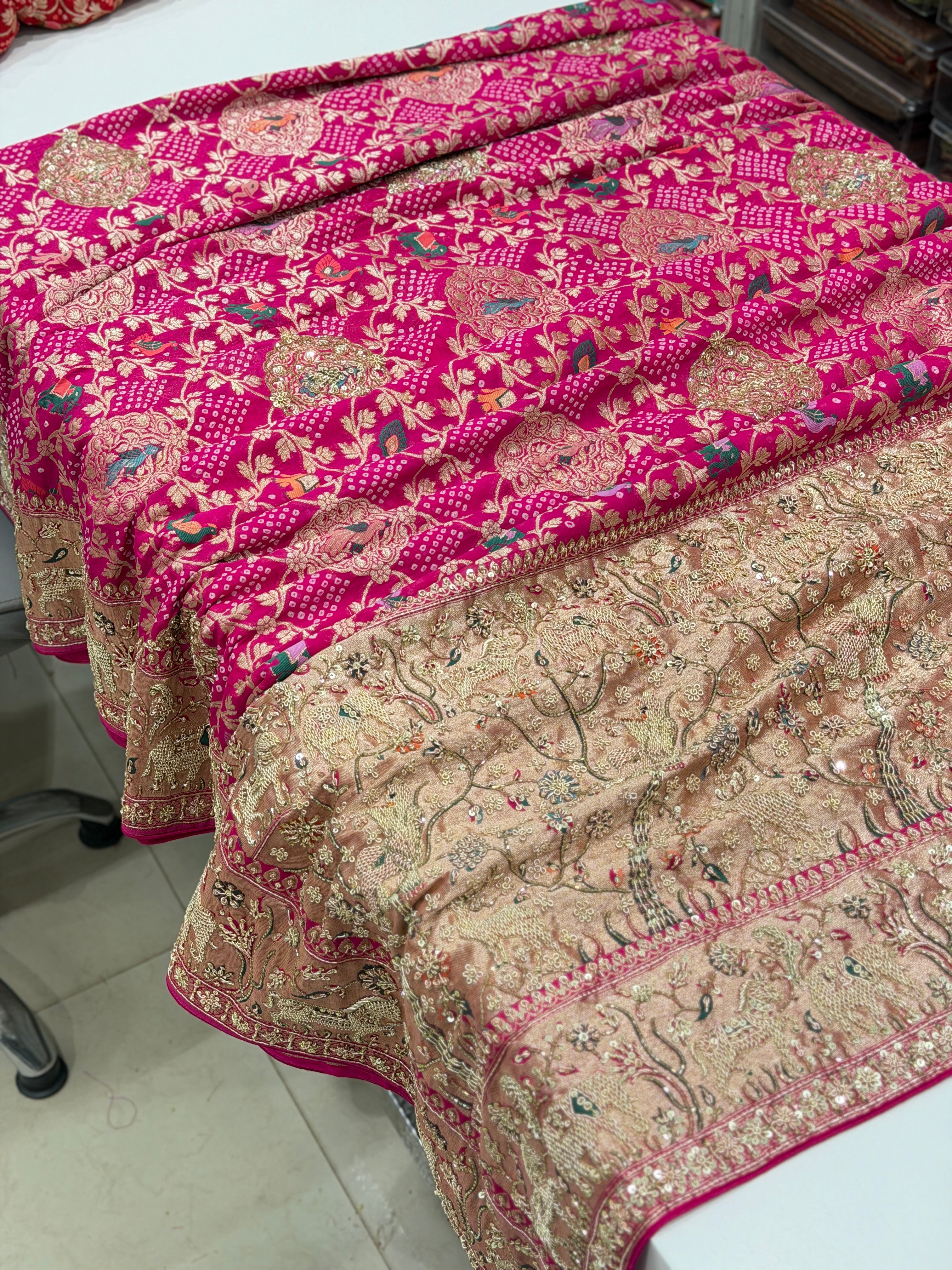 Rani Meenakari Rai Bandhej Saree Elephant Motif  Zardosi Hand Embroidery