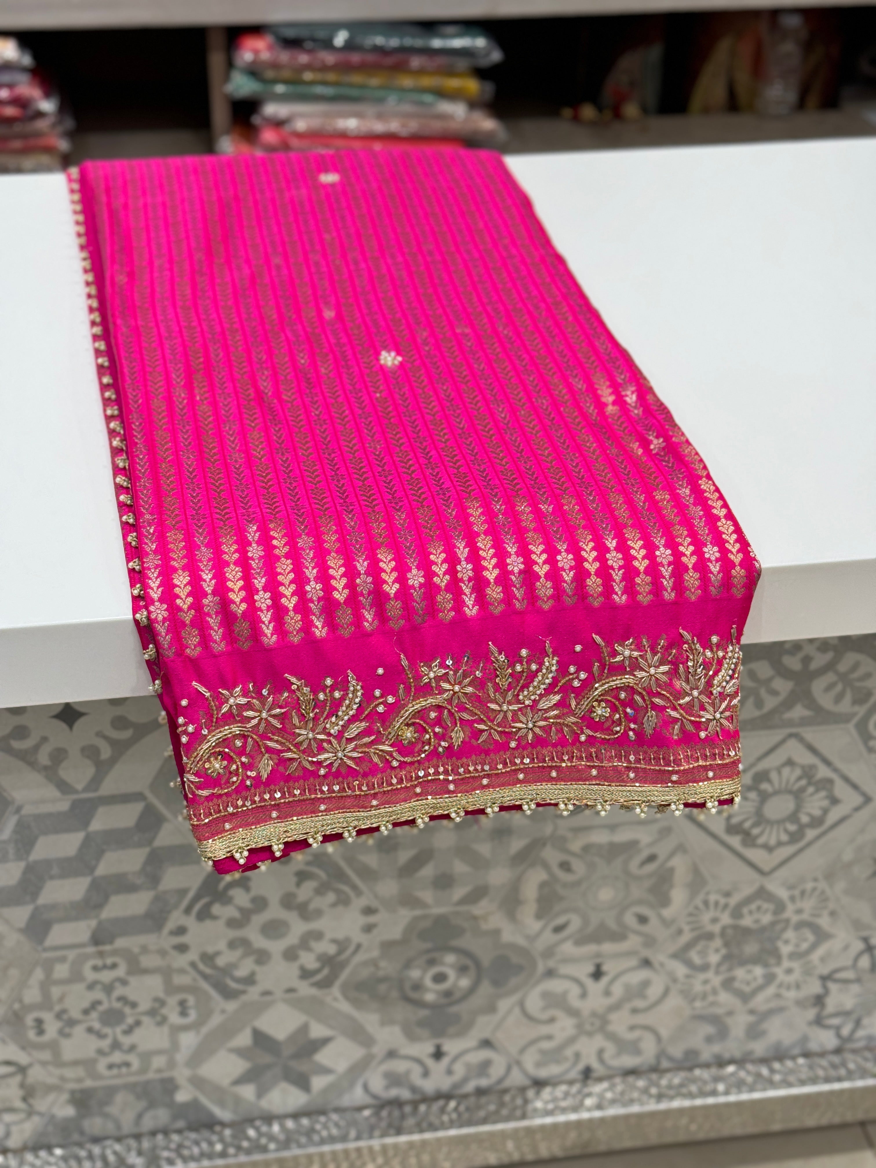 Rani Banarasi Line Weaver Hand Embroidery Saree