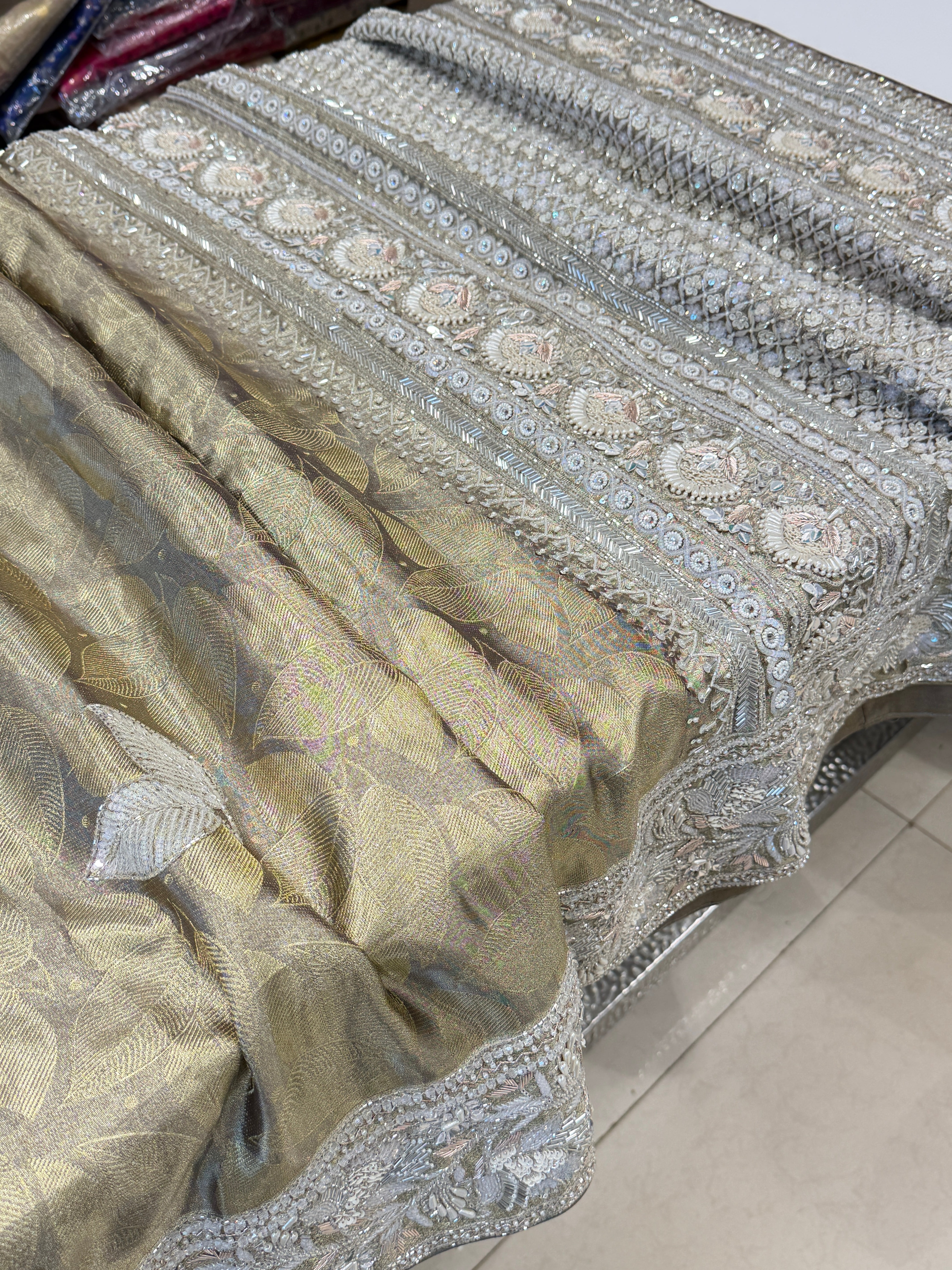 Champagne Contemporary Kanjivaram Hand Embroidery Zardosi Saree