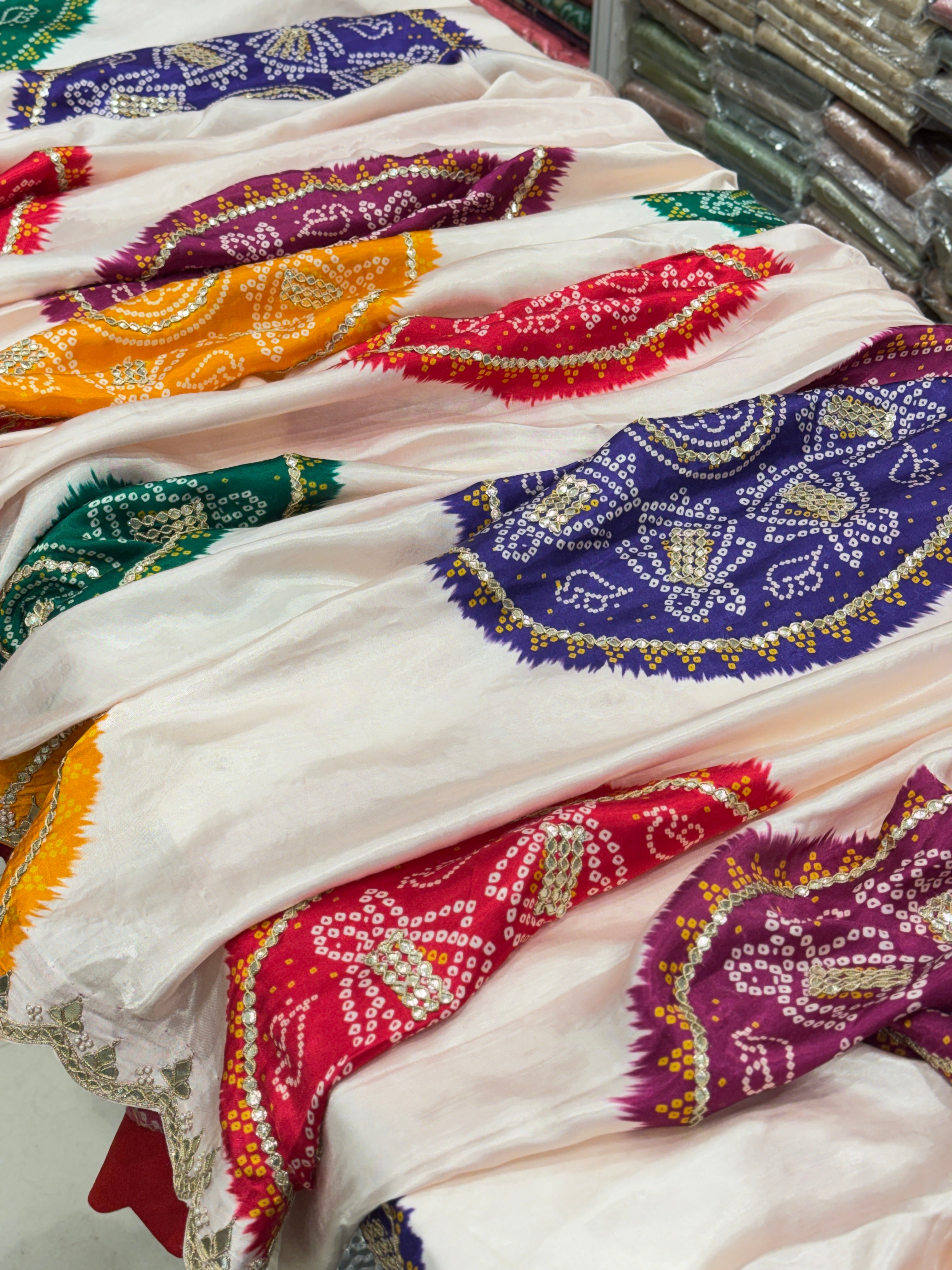 Moti White Gajji Silk Bandhej Print Hand Done Gotapatti Saree