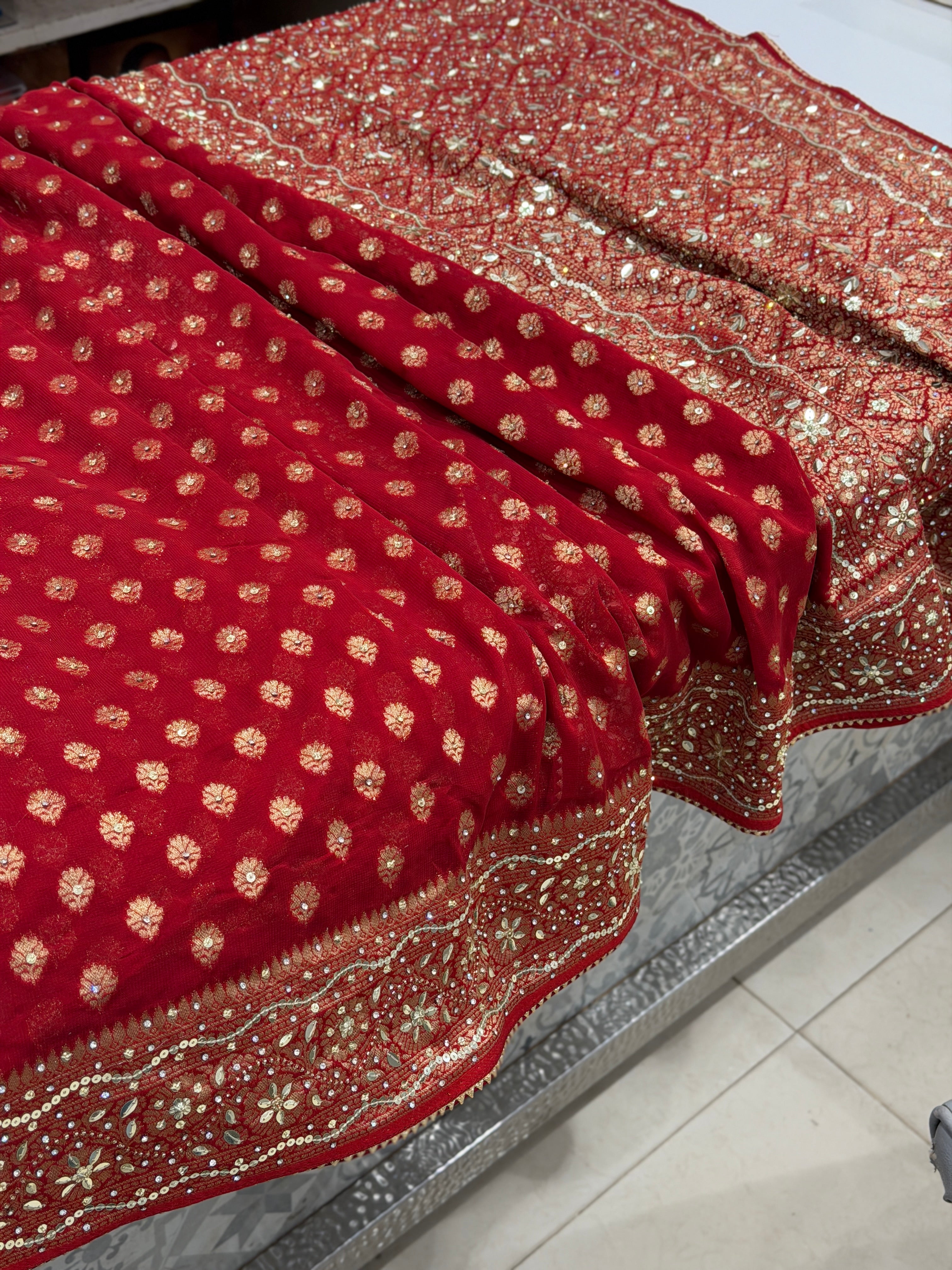 Red Banarasi Khaddi Georgette Butti Sequin Hand Embroidery Saree