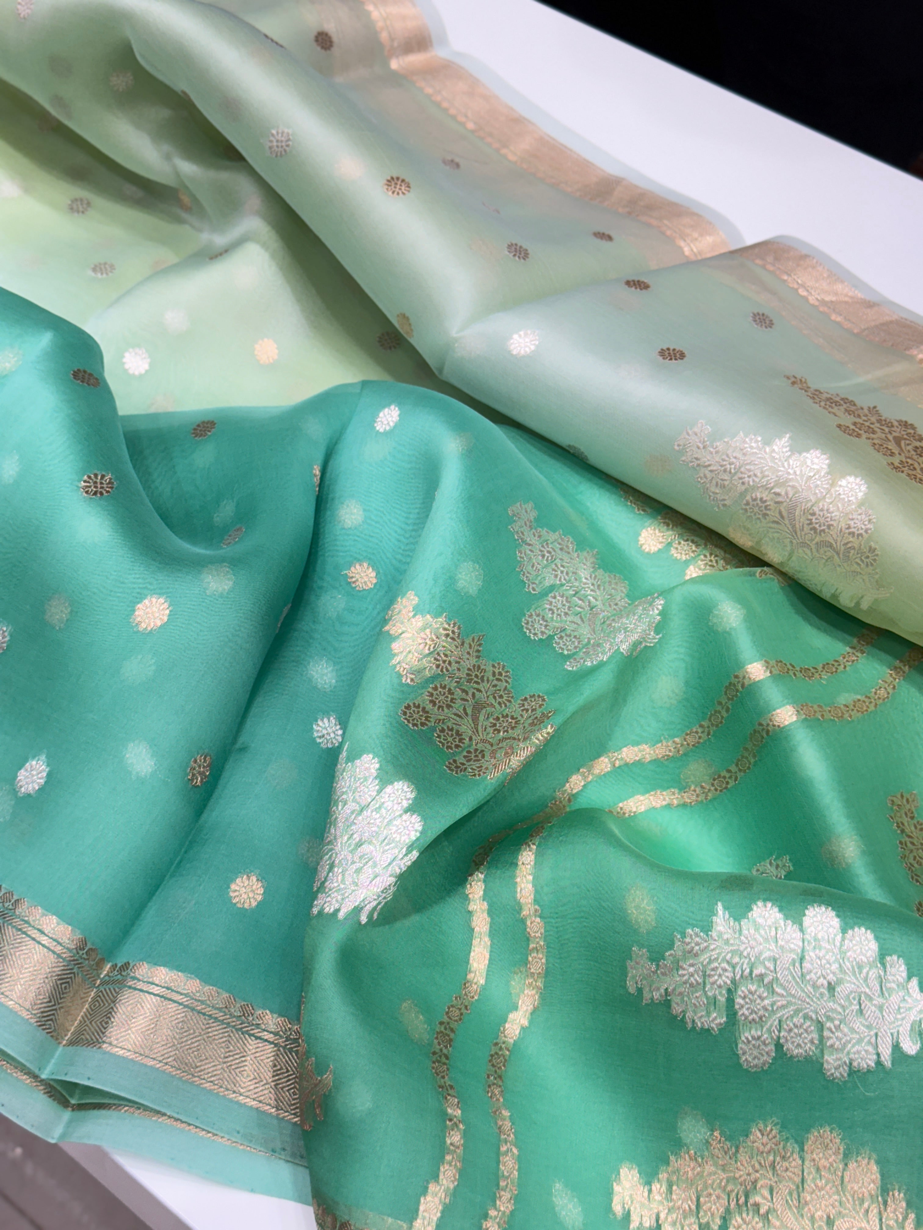 Green Shaded Banarasi Handloom Kora Saree