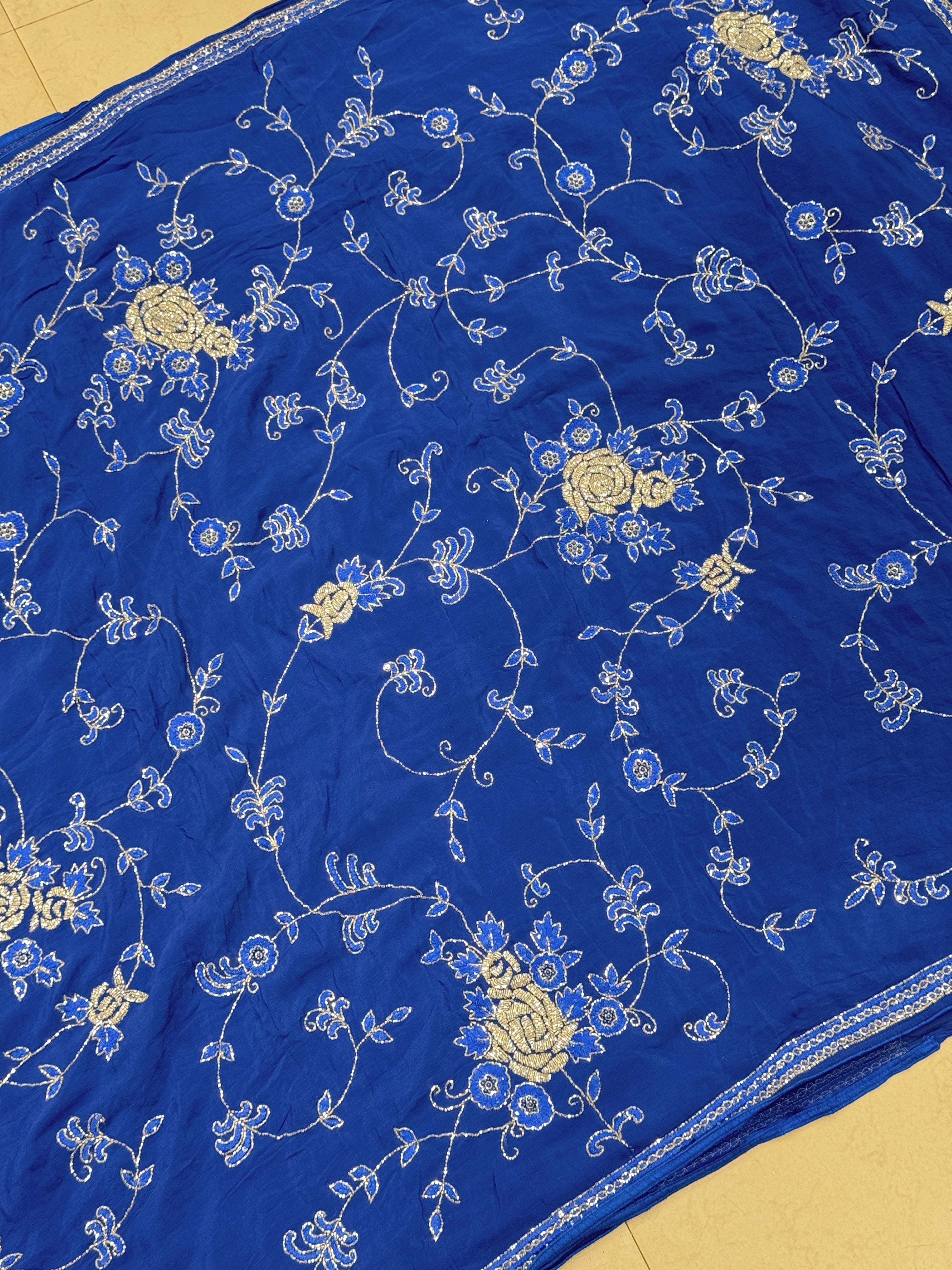 Blue on Blue Georgette Hand Embroidery Jaal Saree