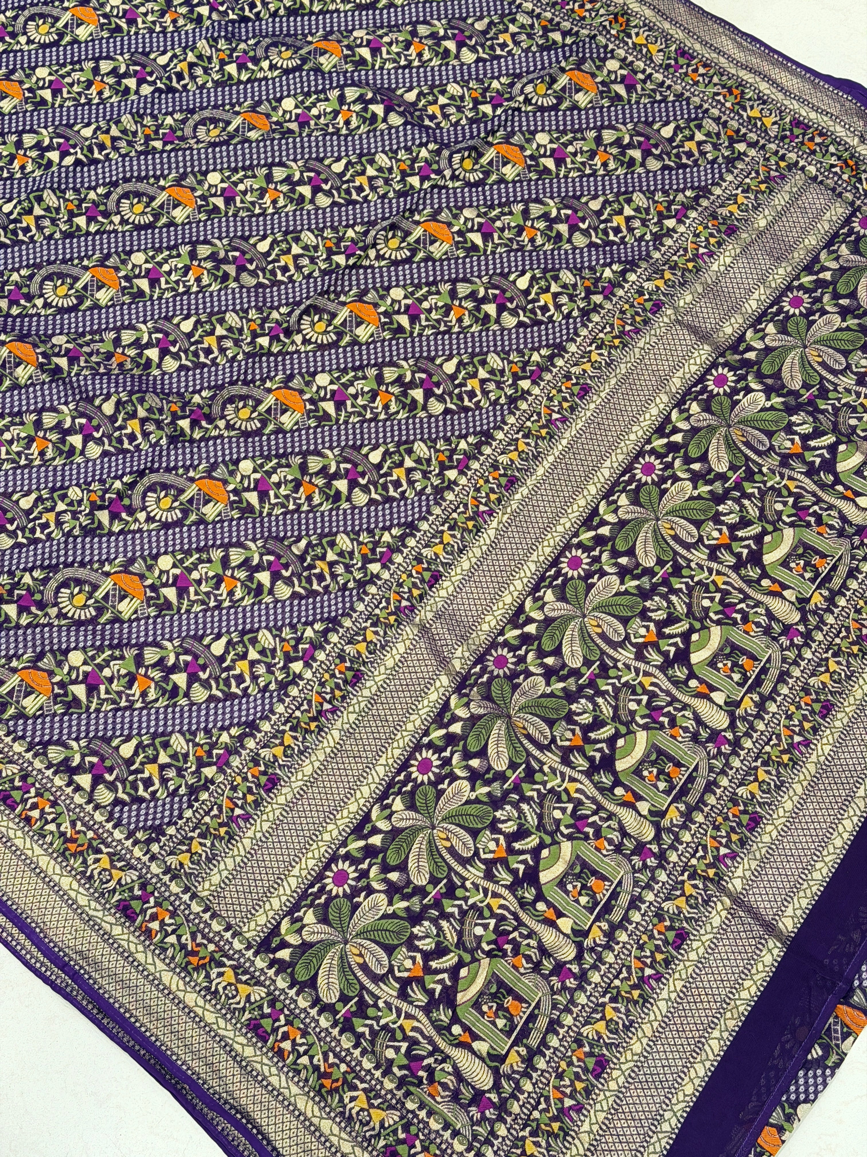 Violet Warli Style Woven Bandhej Georgette Saree