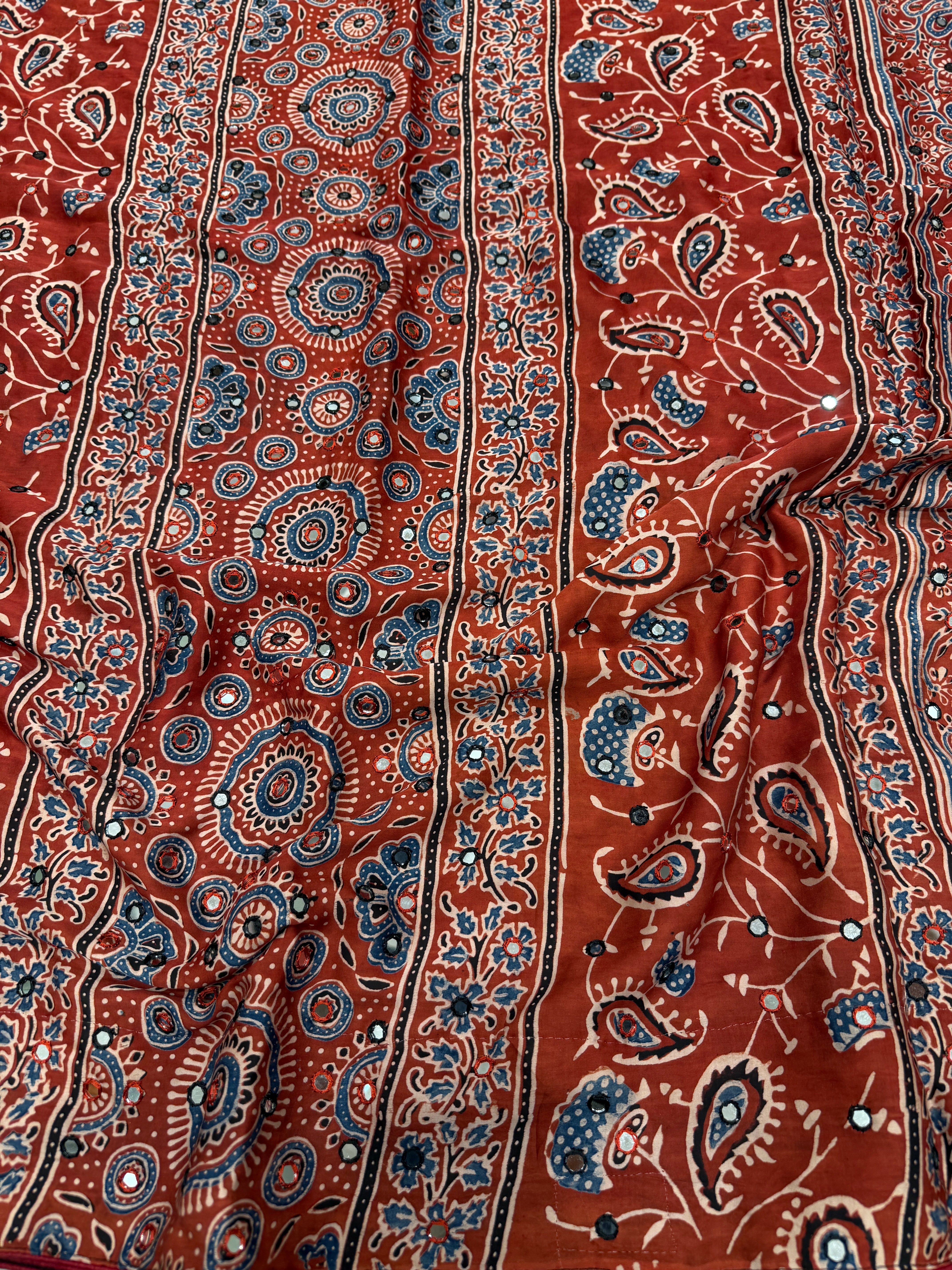 Red Butti Ajrakh Real Mirror Resham Hand Embroidery Saree