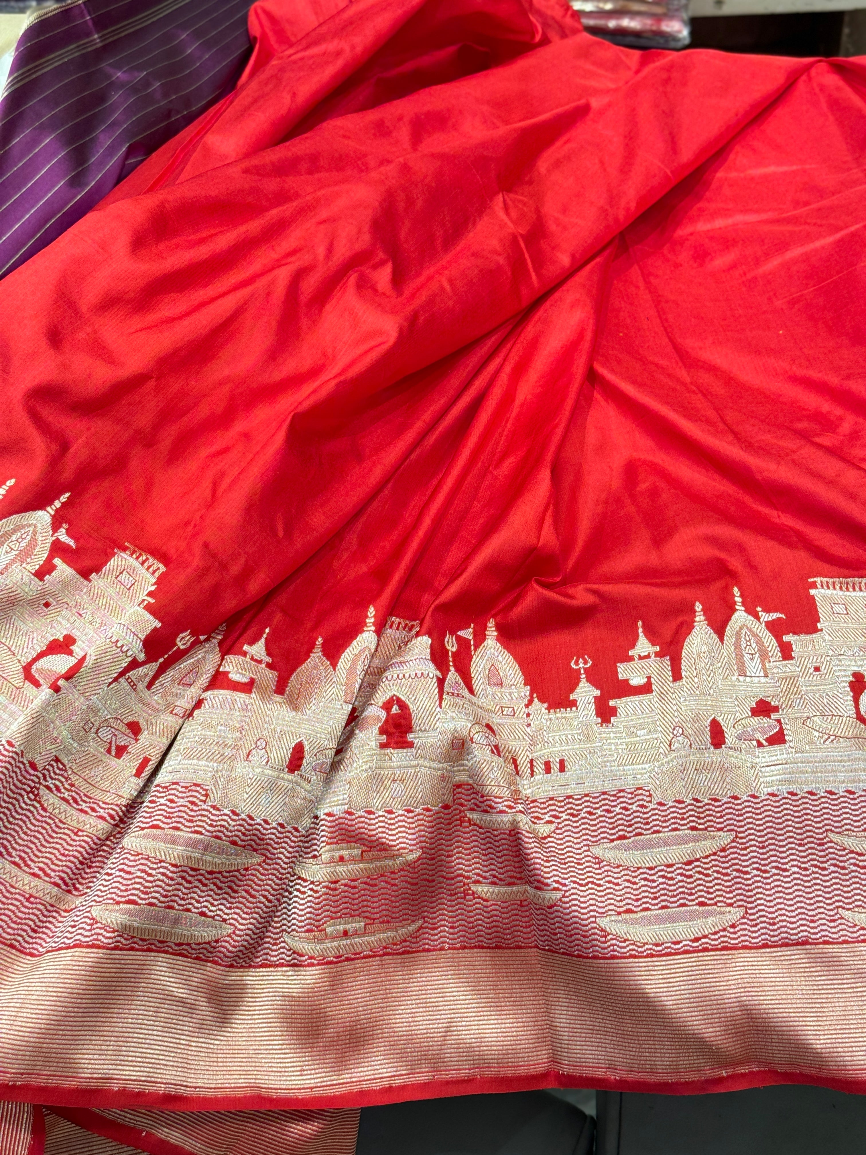 Red Banarasi Handloom Kashi Ganga Ghat Saree