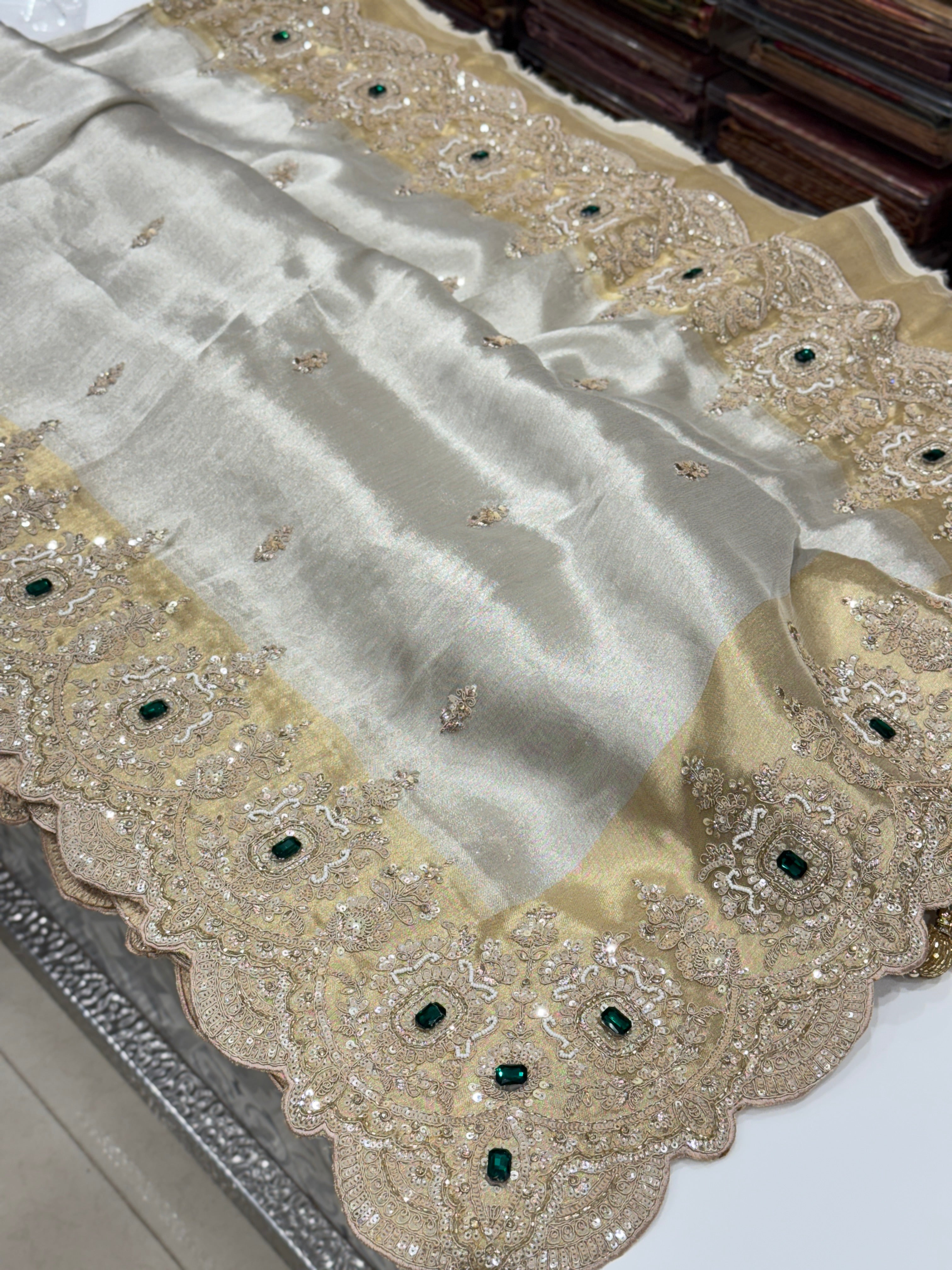 Golden Silver Soft Tissue Moti Crystal Embroidery Saree