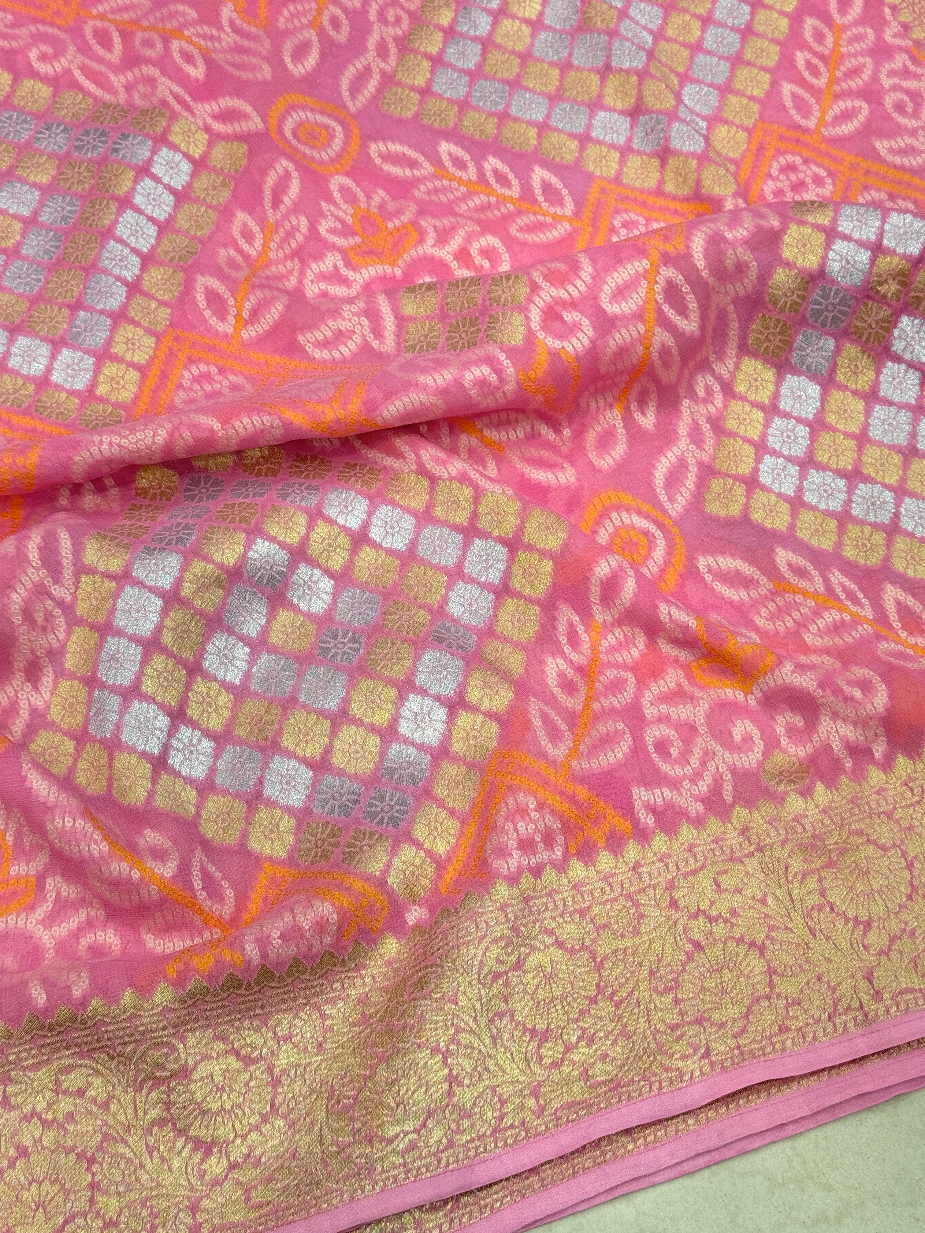 Pink Woven Bandhej Sona Roopa Georgette Saree with contrast Blouse