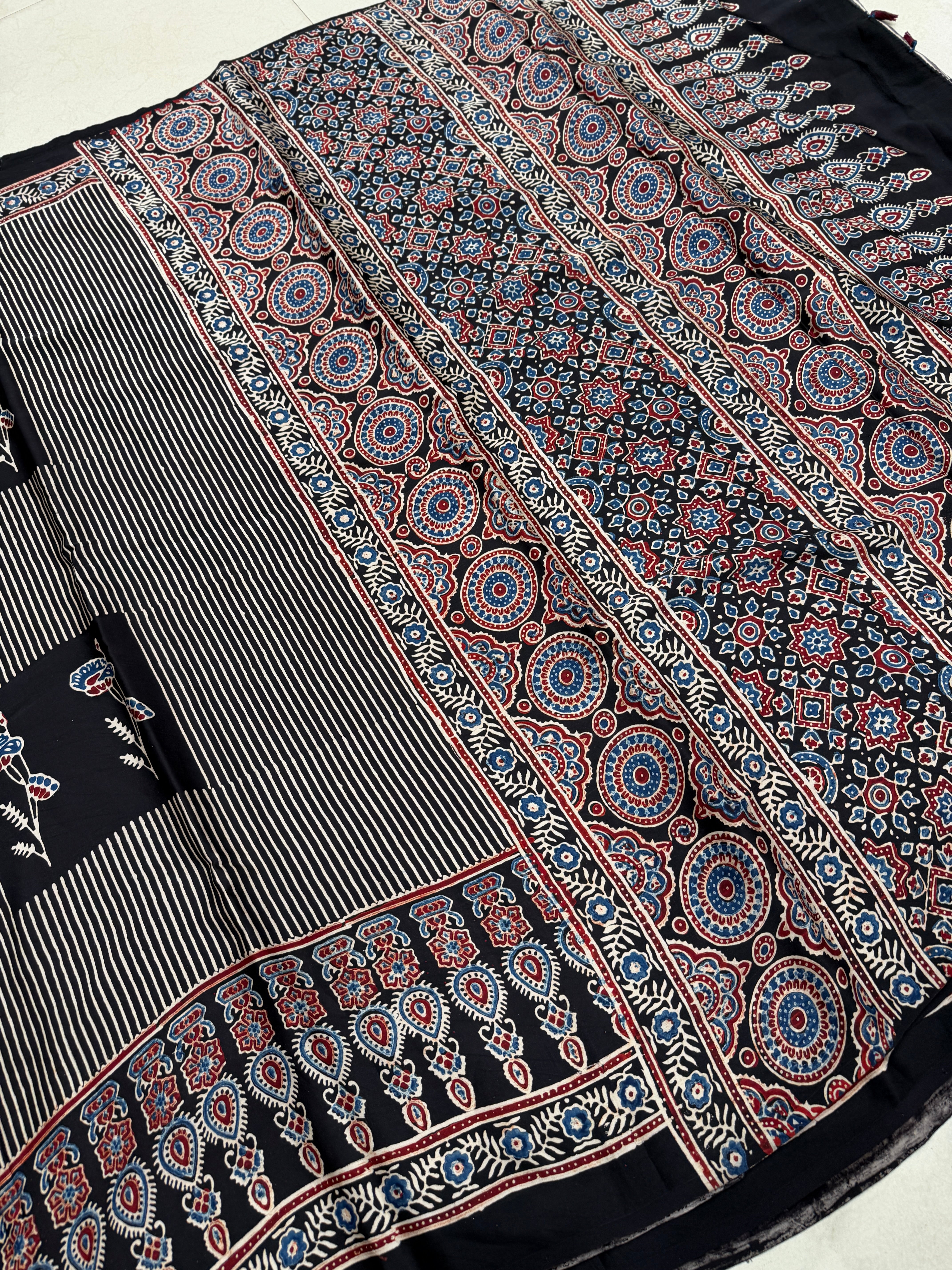 Black Contemporary Butta Ajrakh Hand Block Print Pure Gajji Silk Saree