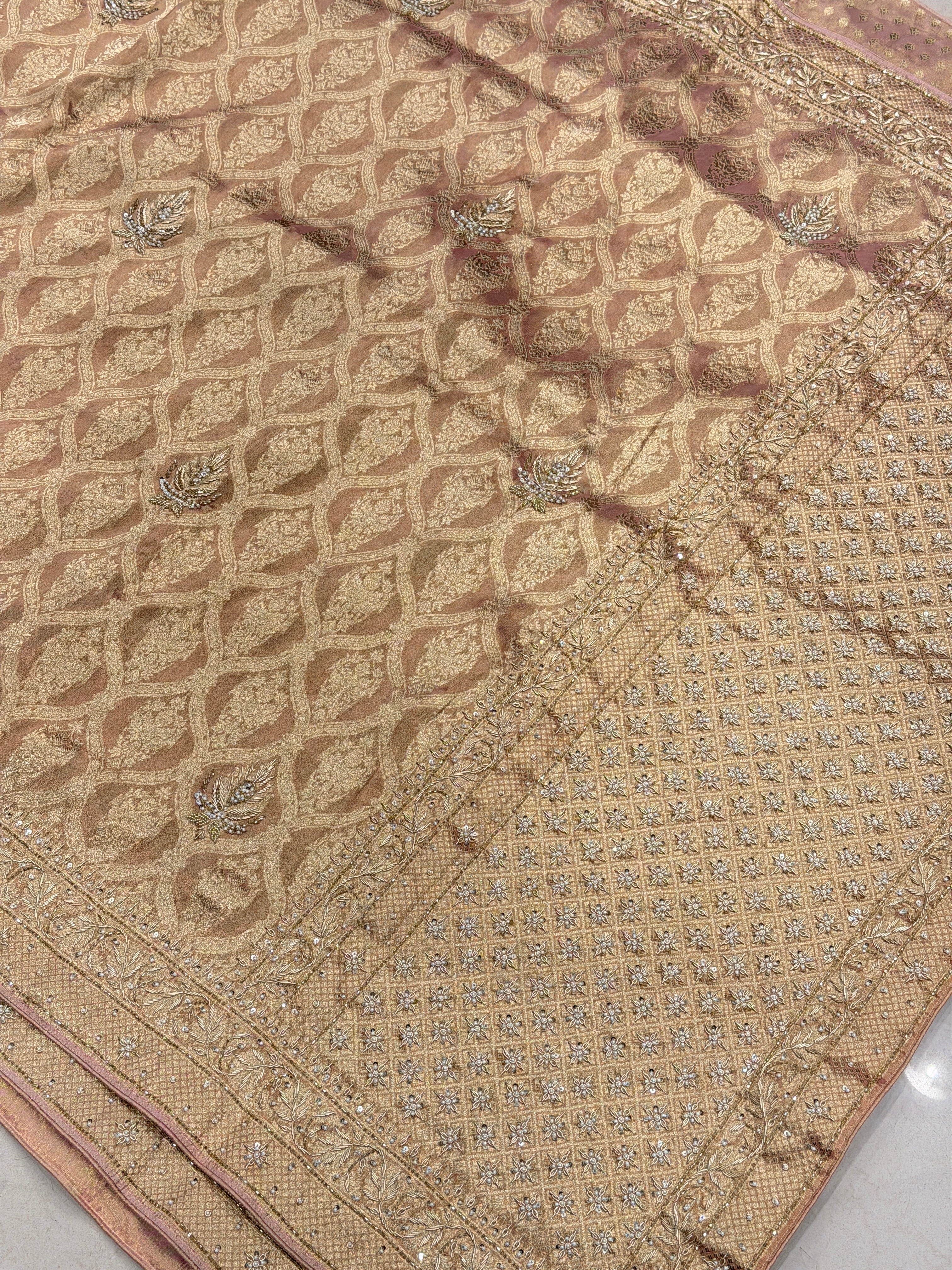 Nude Pink Crown Jaal Banarasi Zardosi Embroidery Saree