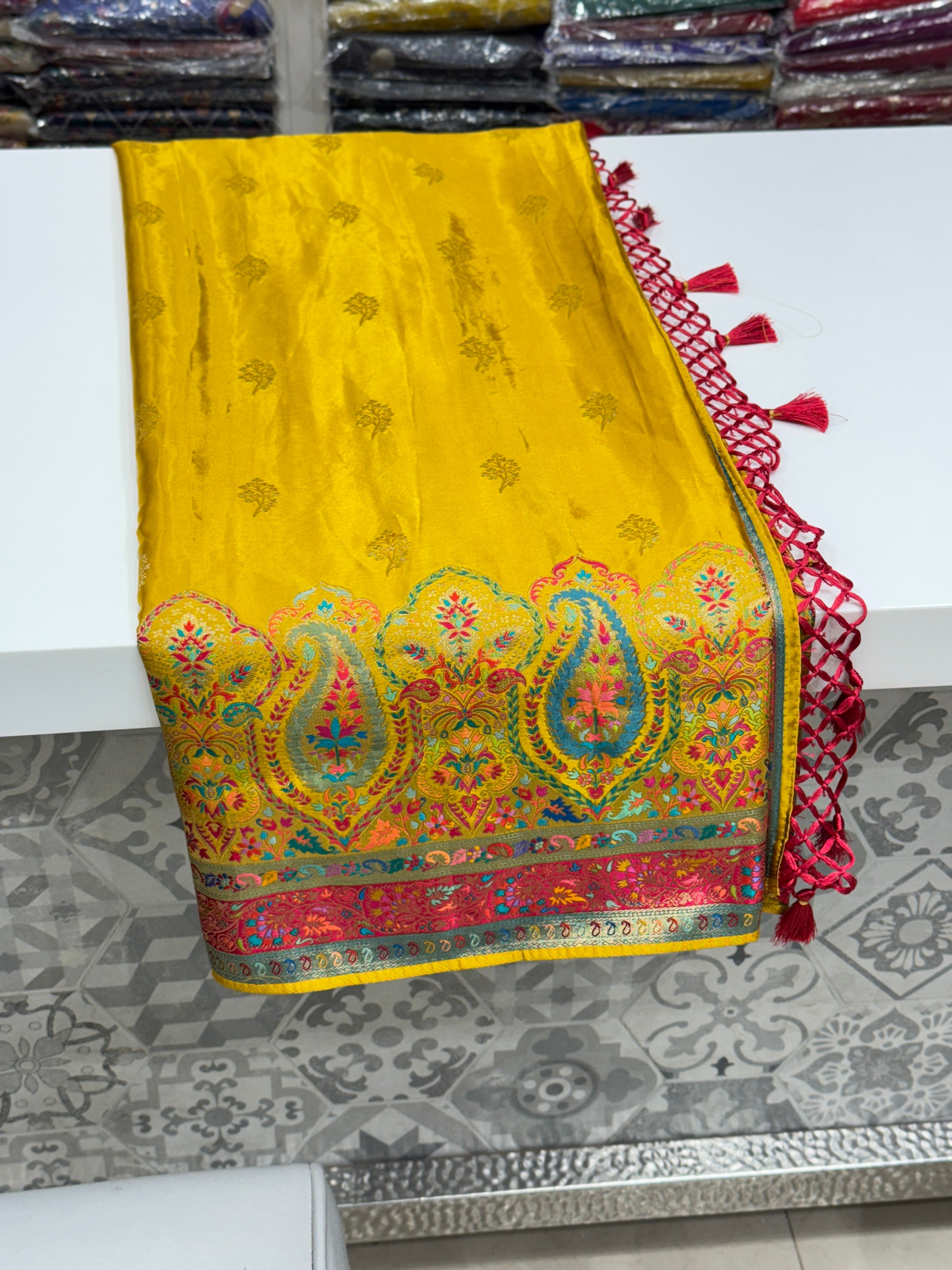 Yellow Banarasi Modal Satin Saree Pashmina Style Border