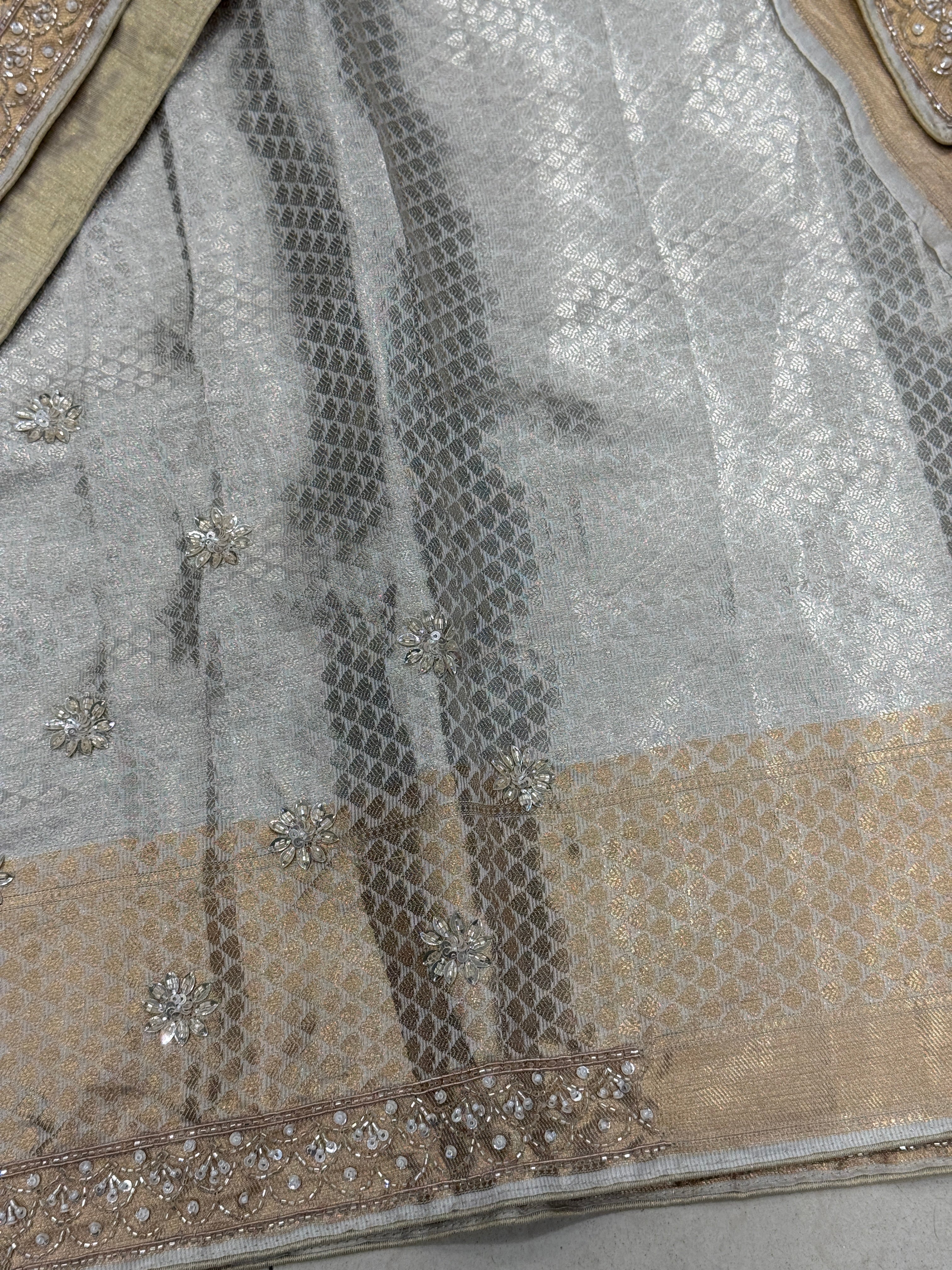 Silver Tissue Kanjivaram Zardosi Moti Hand Embroidery Saree