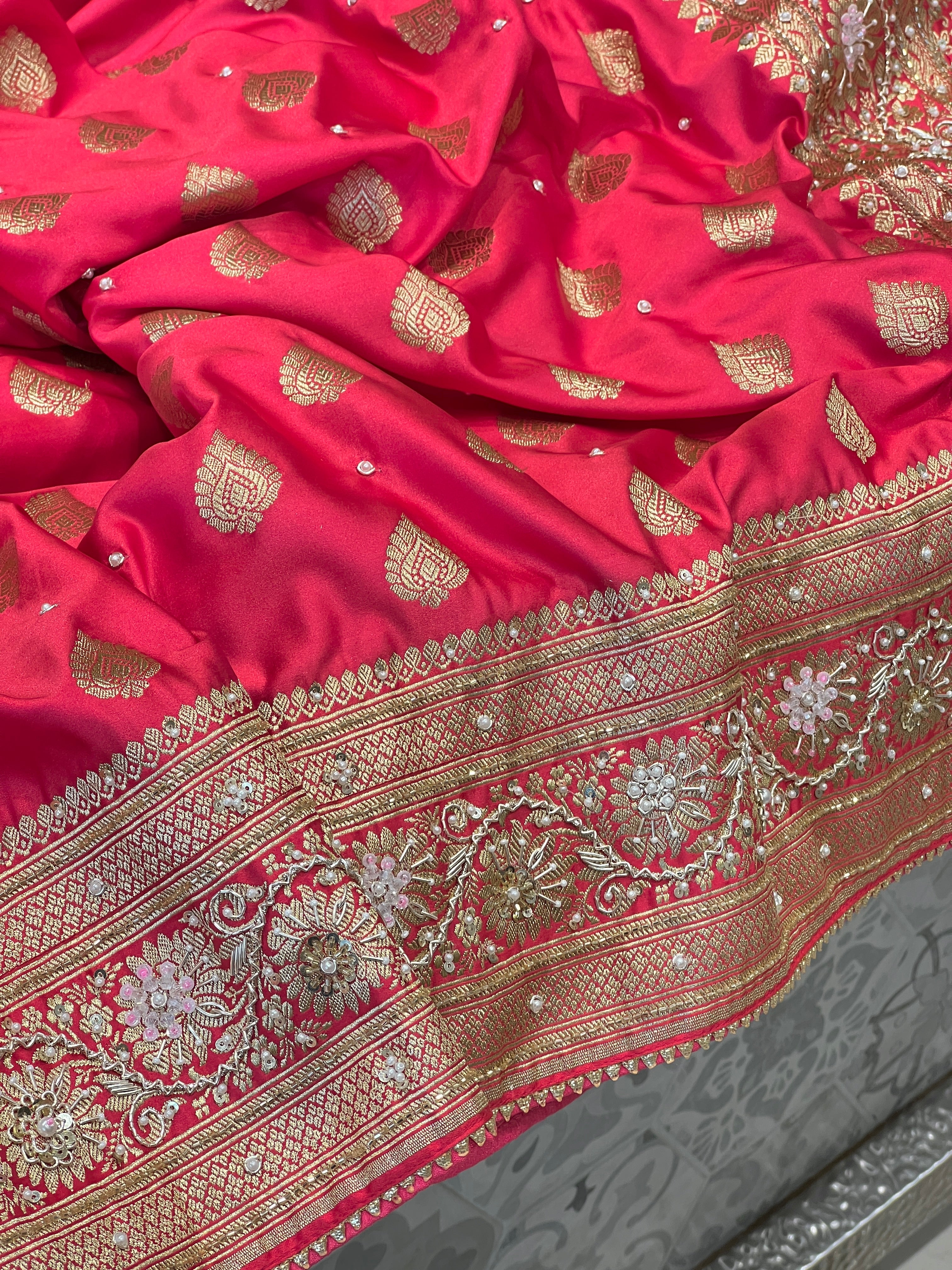 Peach Banarasi Silk Hand Embroidery Saree