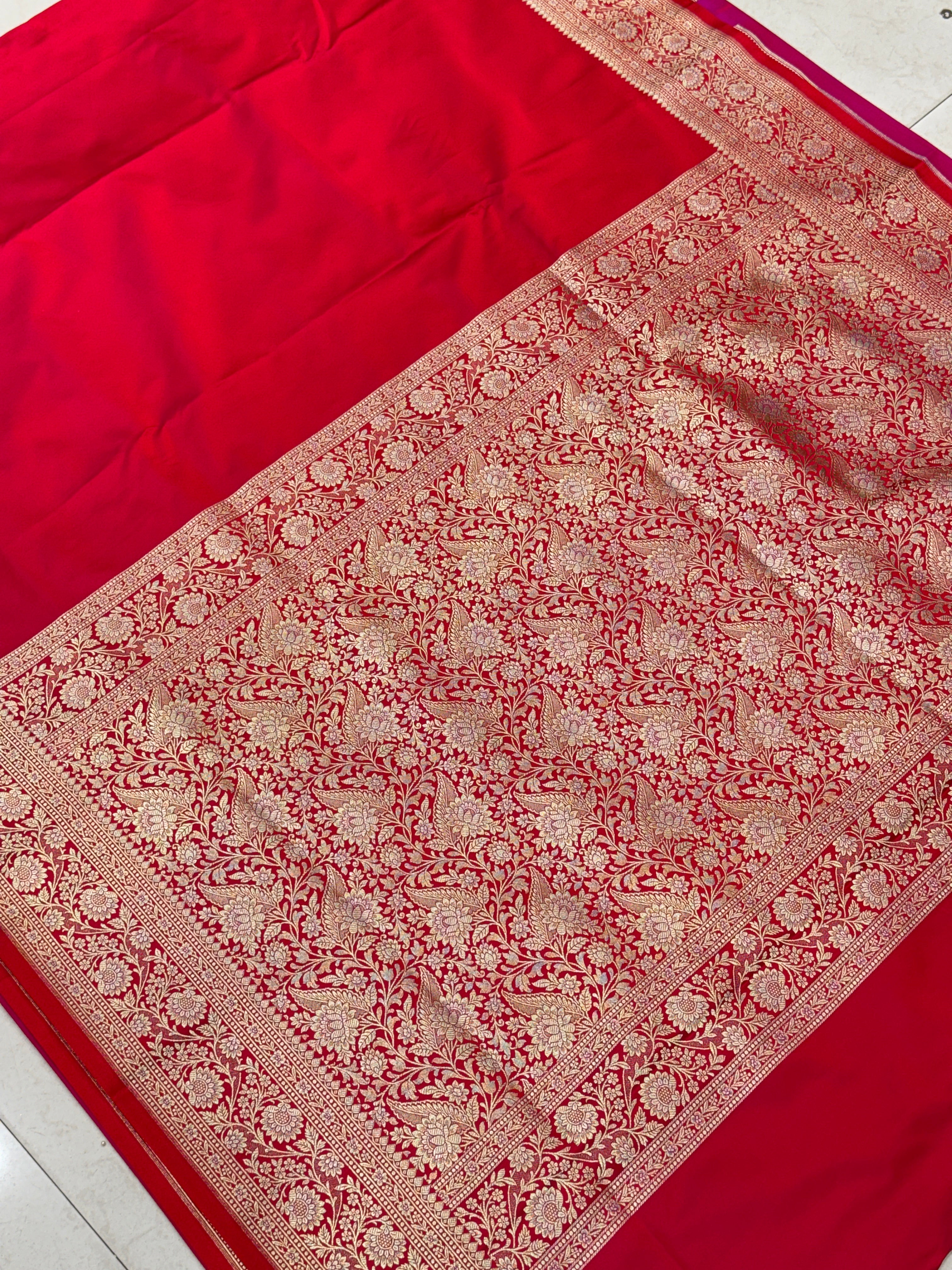 Red Banarasi Silk Plain Upside Down Border Saree