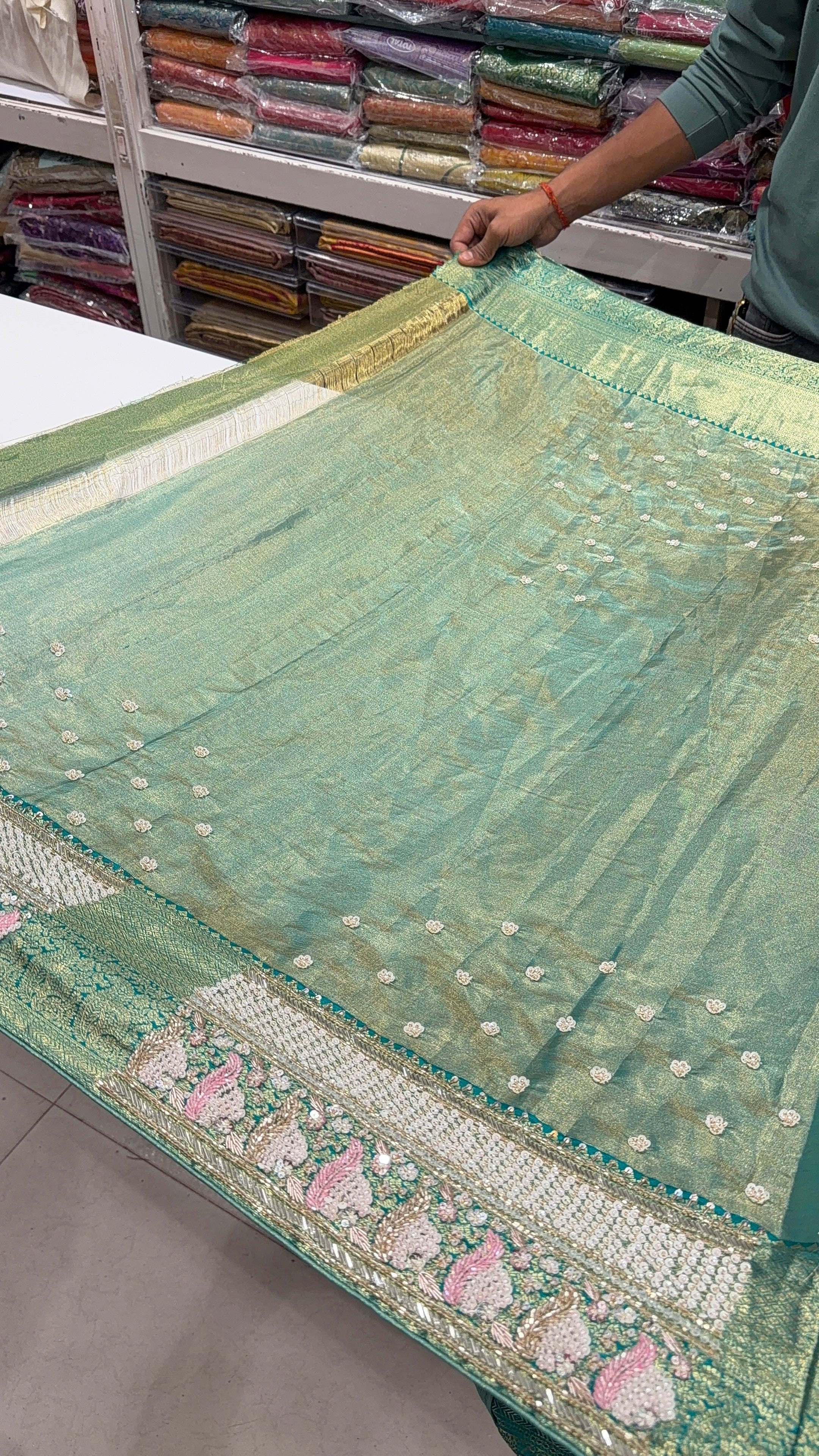 Pista Green Floral Tissue Kanjivaram Hand Embroidery Saree