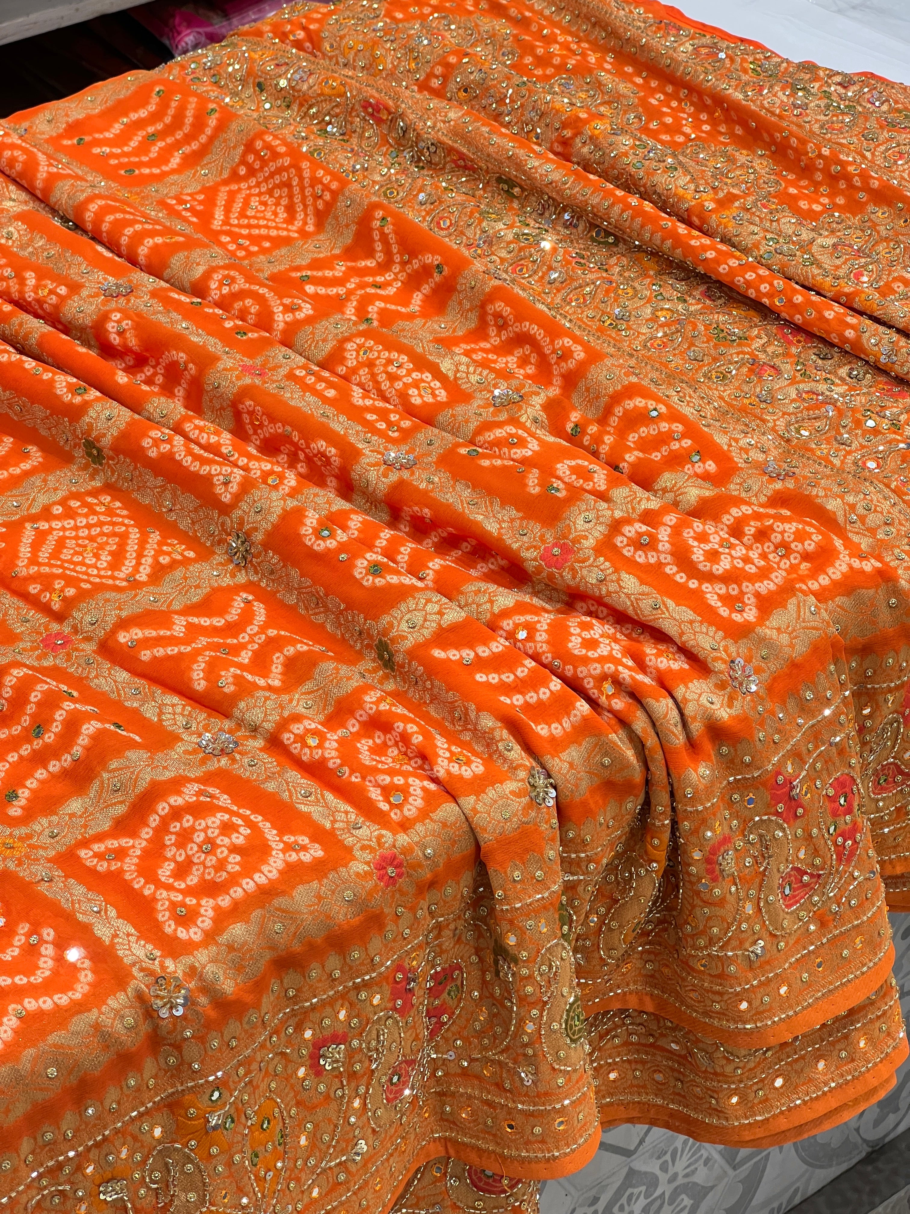 Orange Gharchola Hand Embroidery Saree