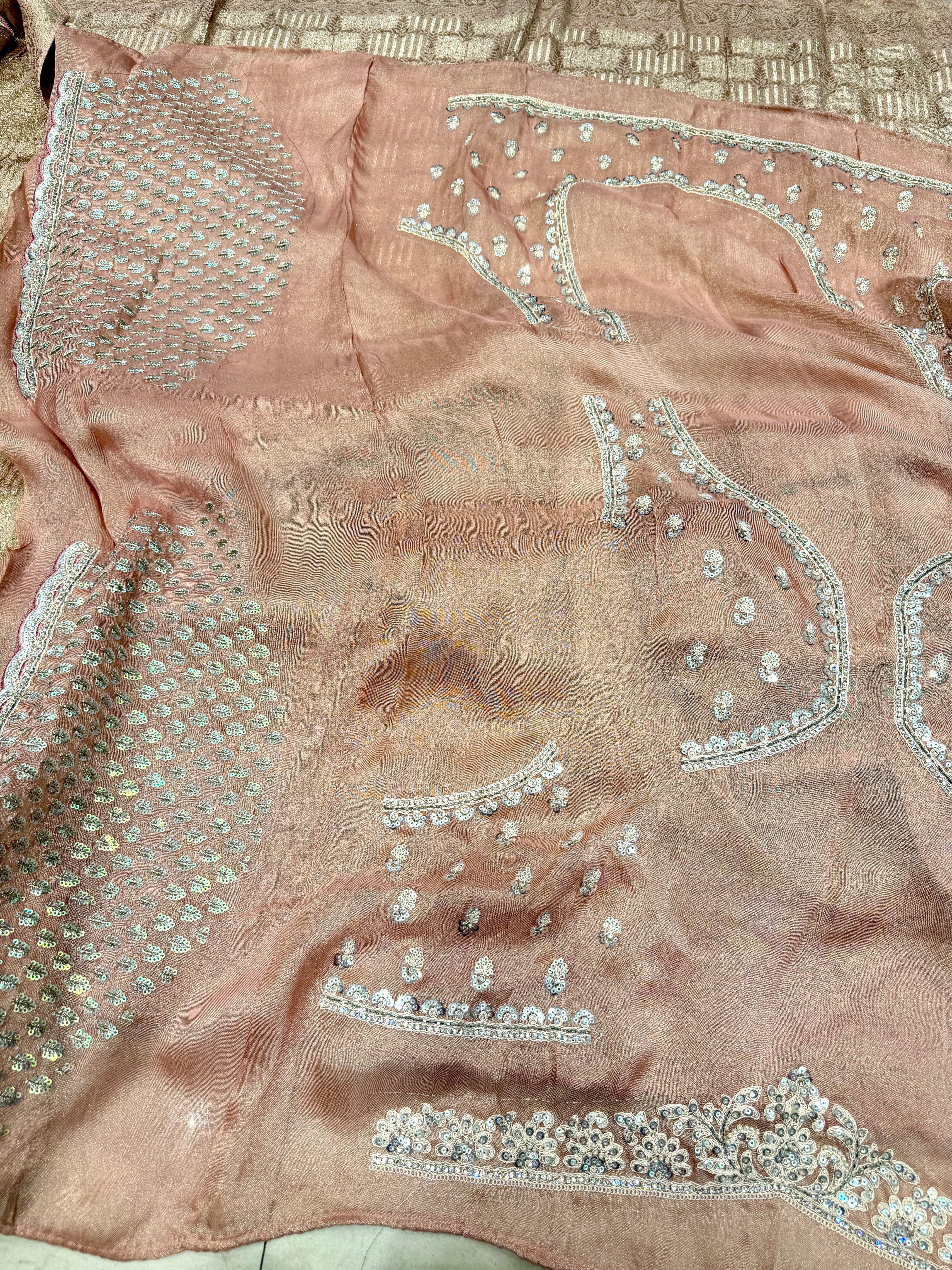 Nude Pink Tissue Silk Weaved Zari Embroidery Saree
