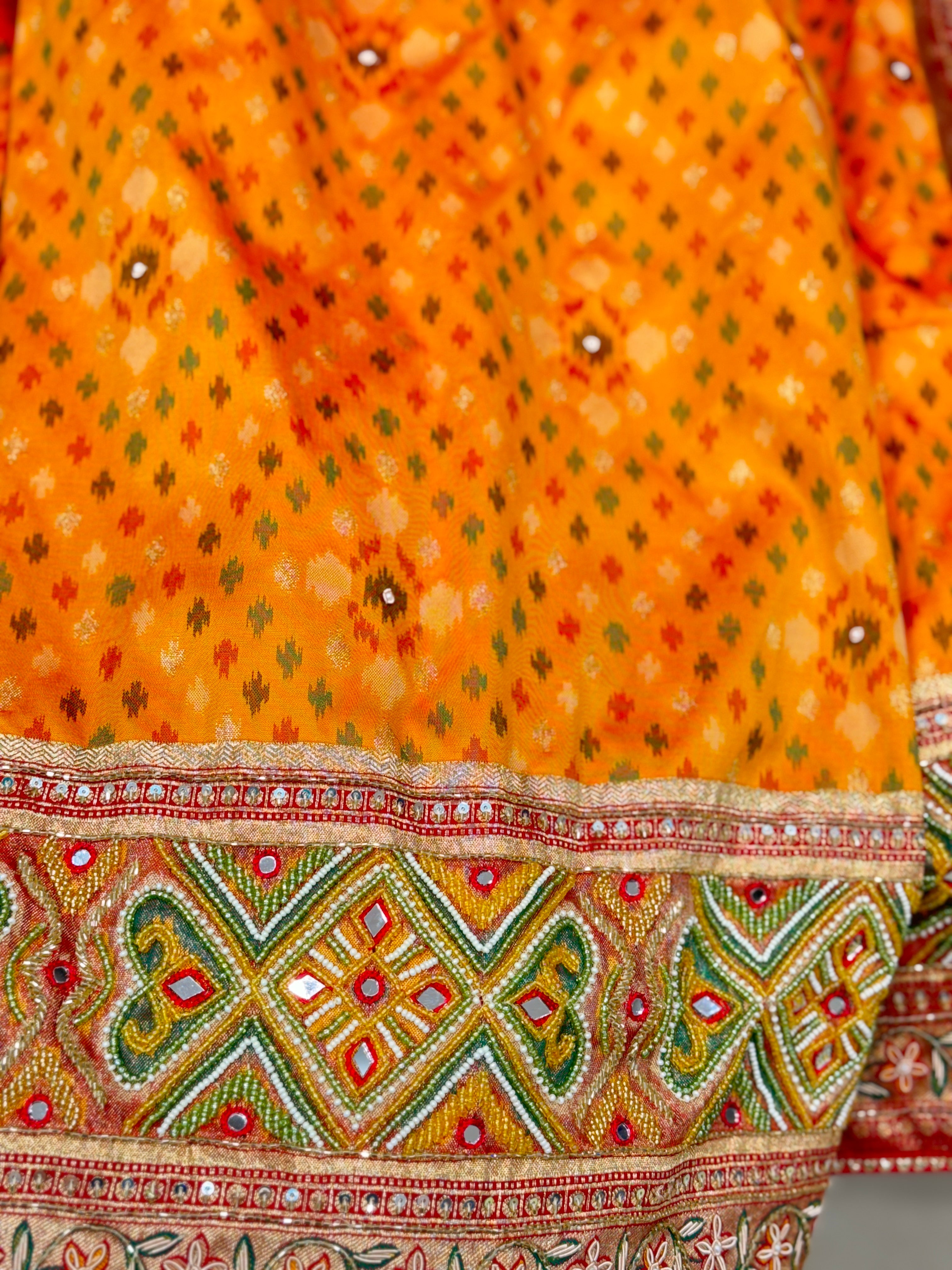 Orange Patola Moti Embroidery Saree