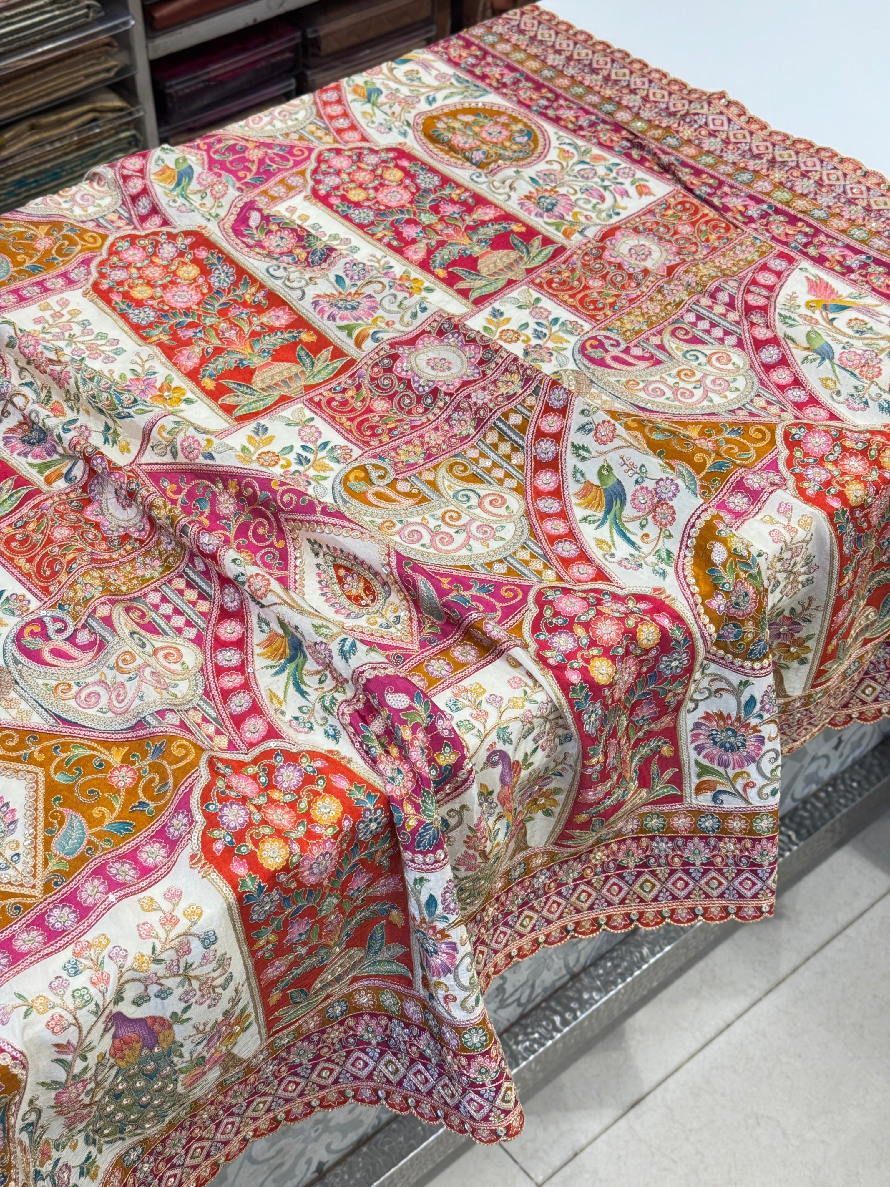 Beige Meenakari Crepe Banarasi Pita Embroidery Saree