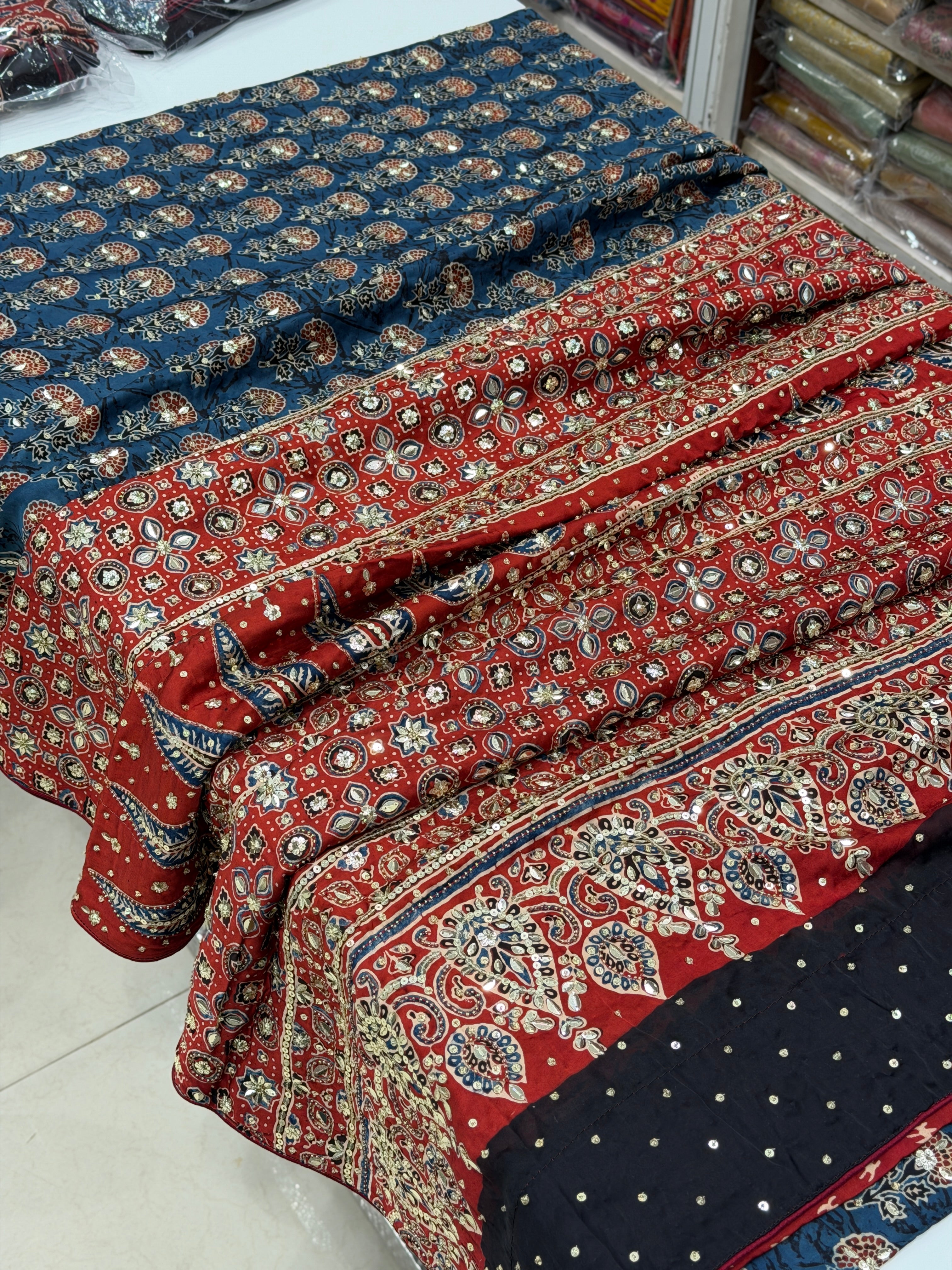 Blue Red Buttas Ajrakh Sequin Moti Hand Embroidery Saree