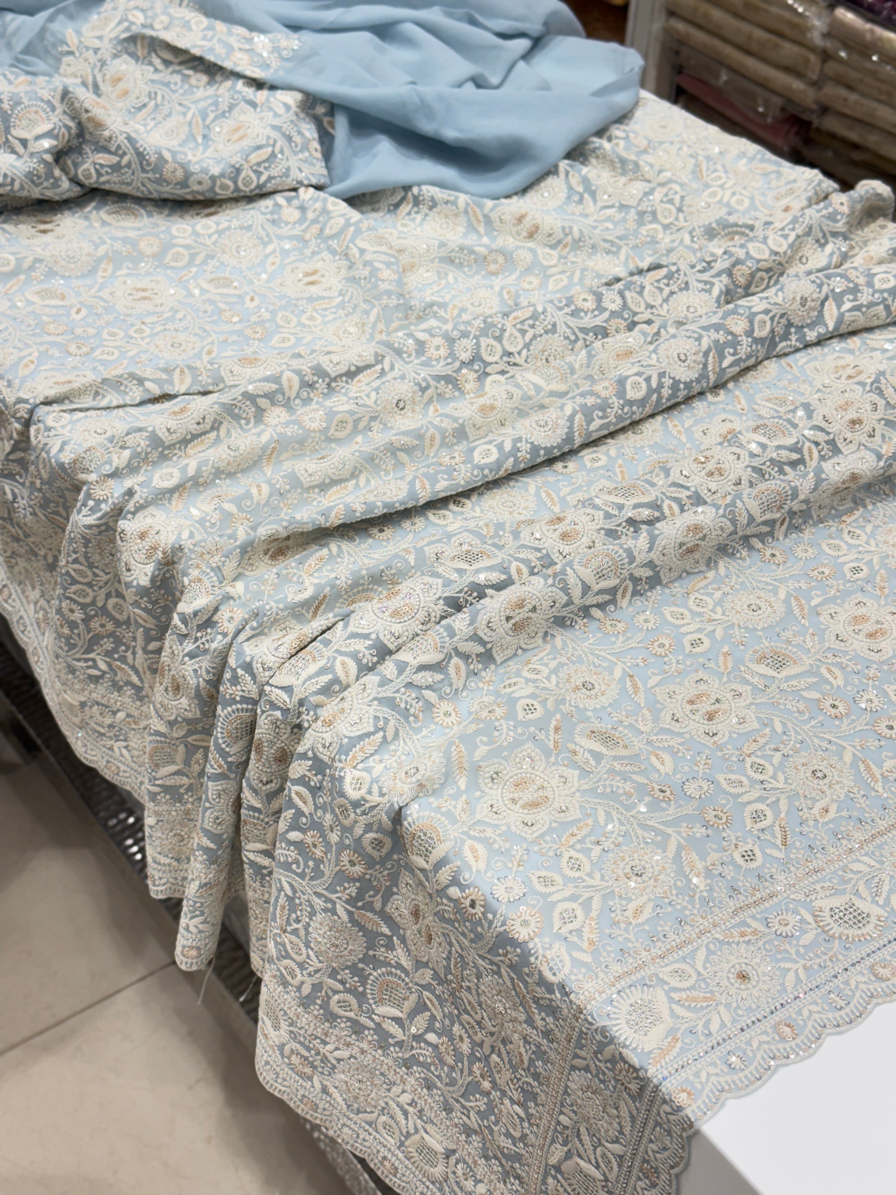 Powder Blue Chikankari Small Scallop Design Saree