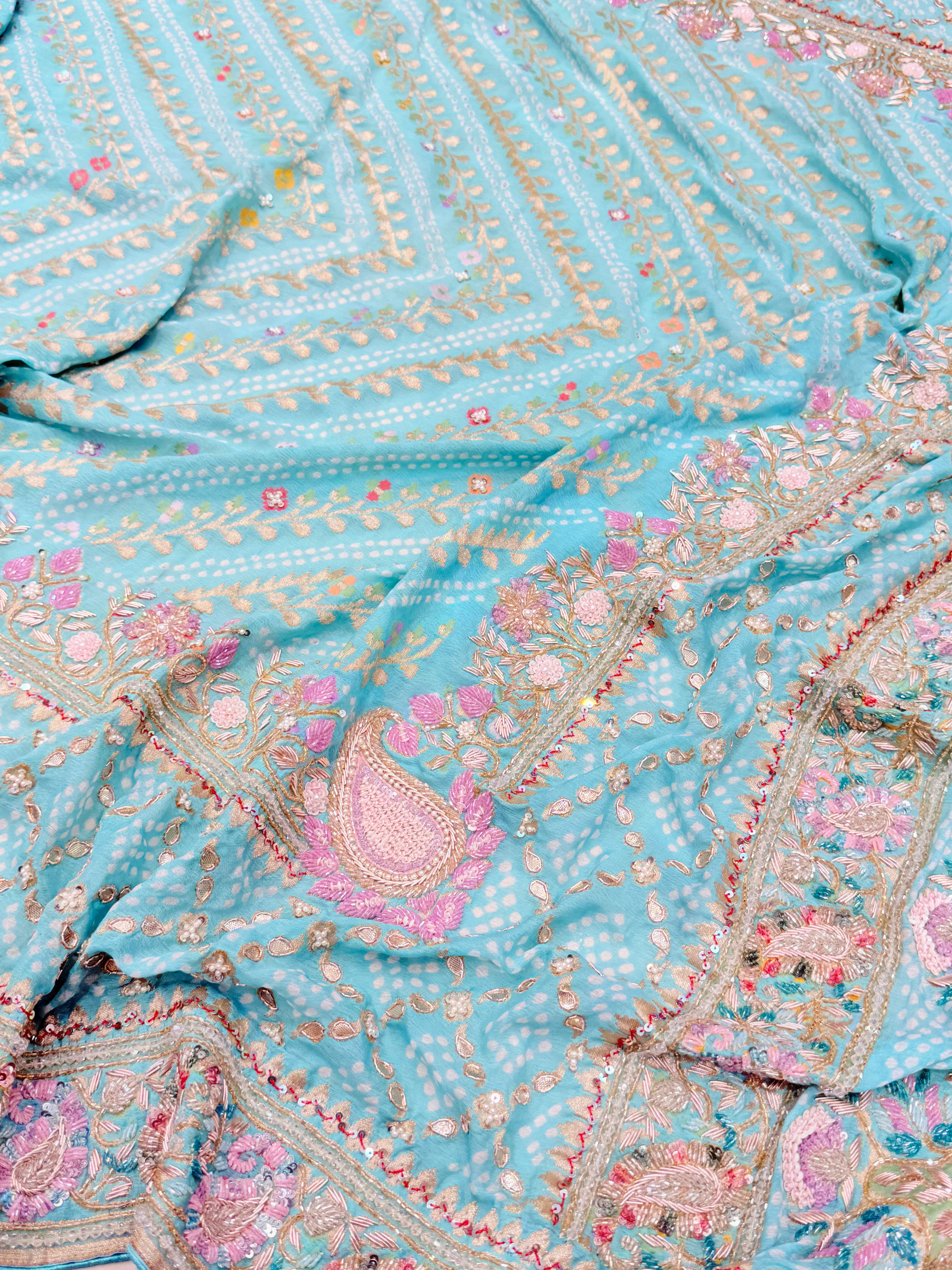 Pastel Bandhej Meenakari Hand Embroidery Saree