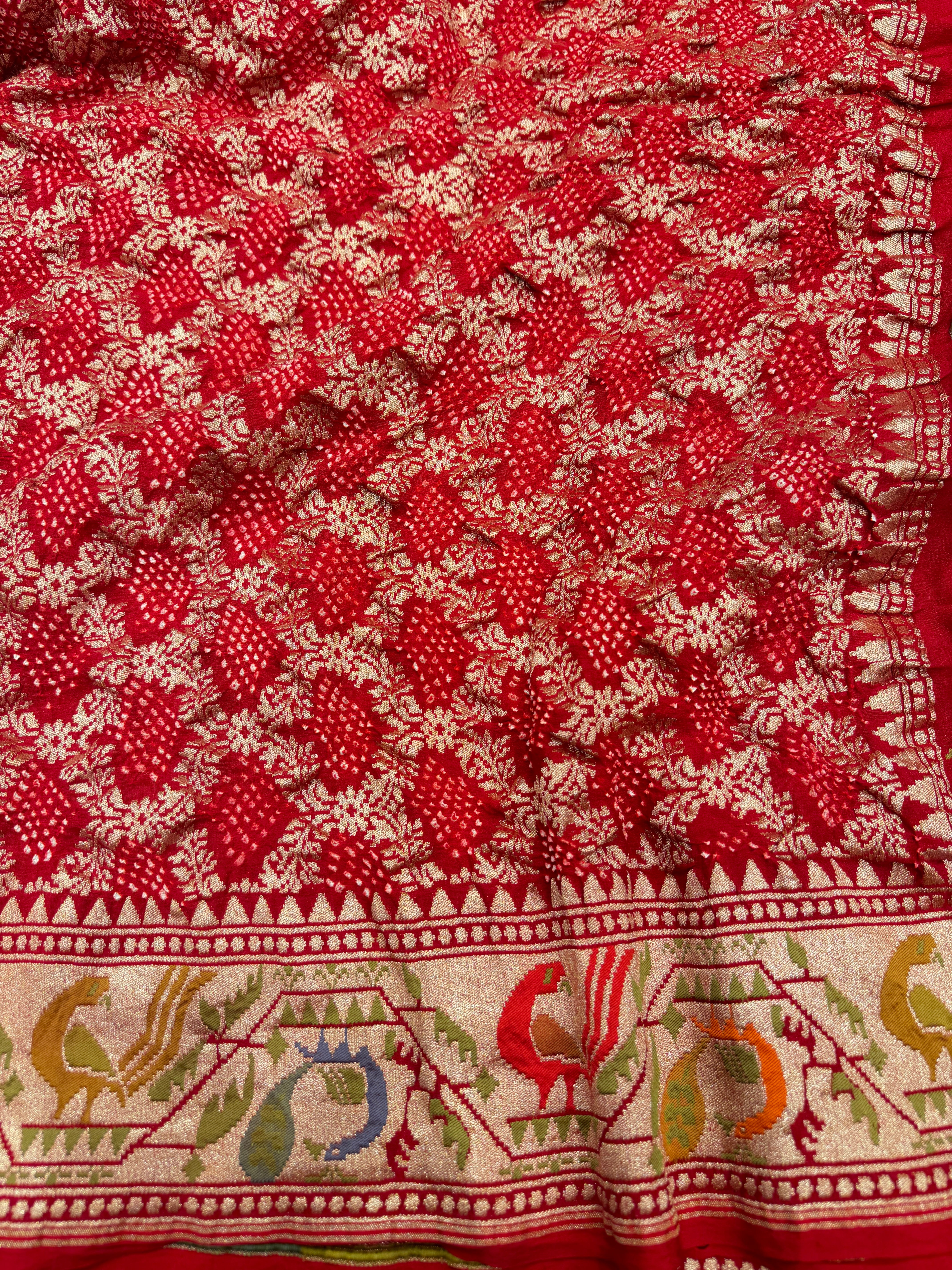 Red Meenakari Border Paithani Style Pure Handloom Bandhej Georgette Saree