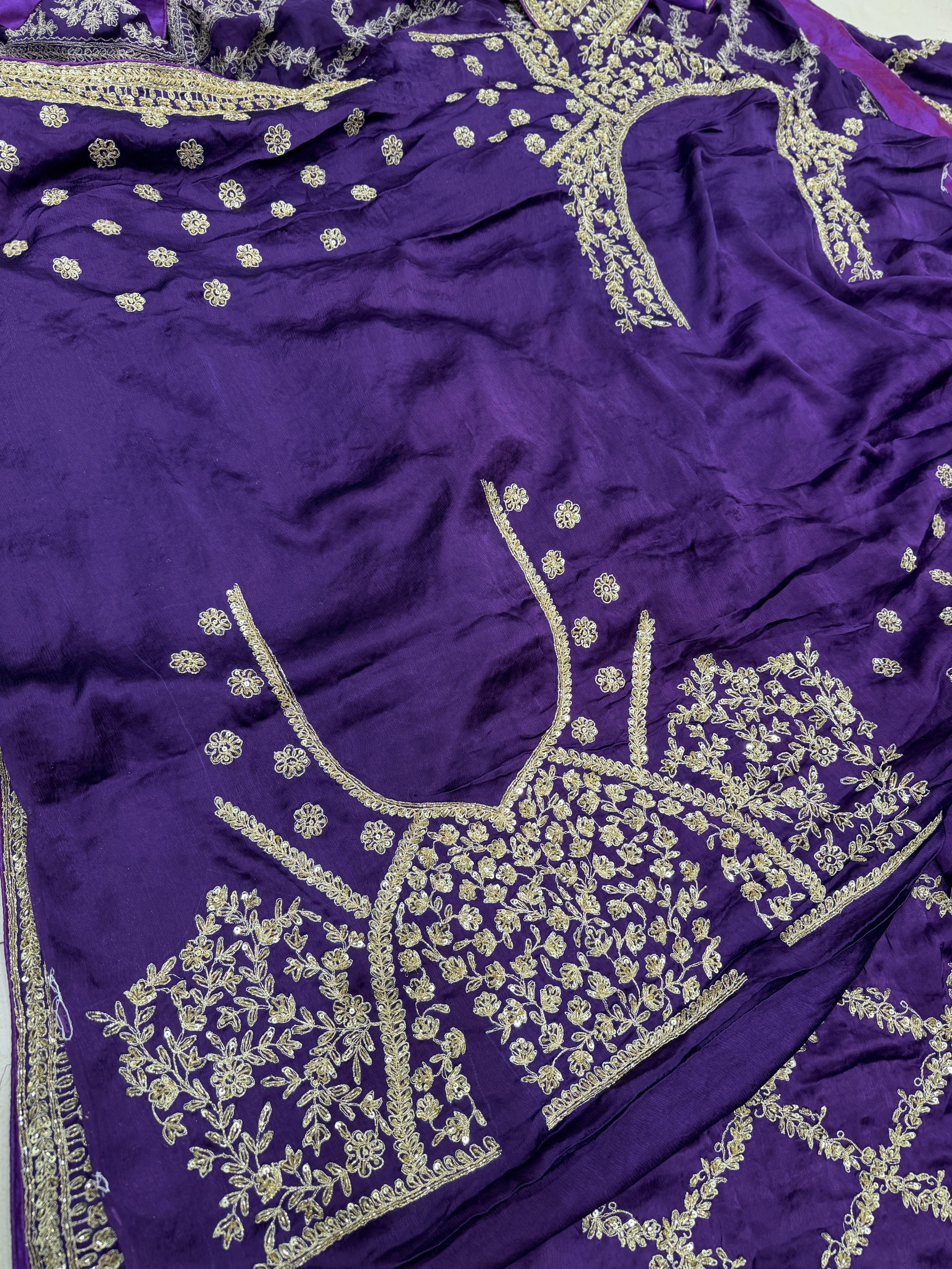 Violet Crepe Satin Sabyasachi Inspired Zardosi Jaal Embroidery Saree