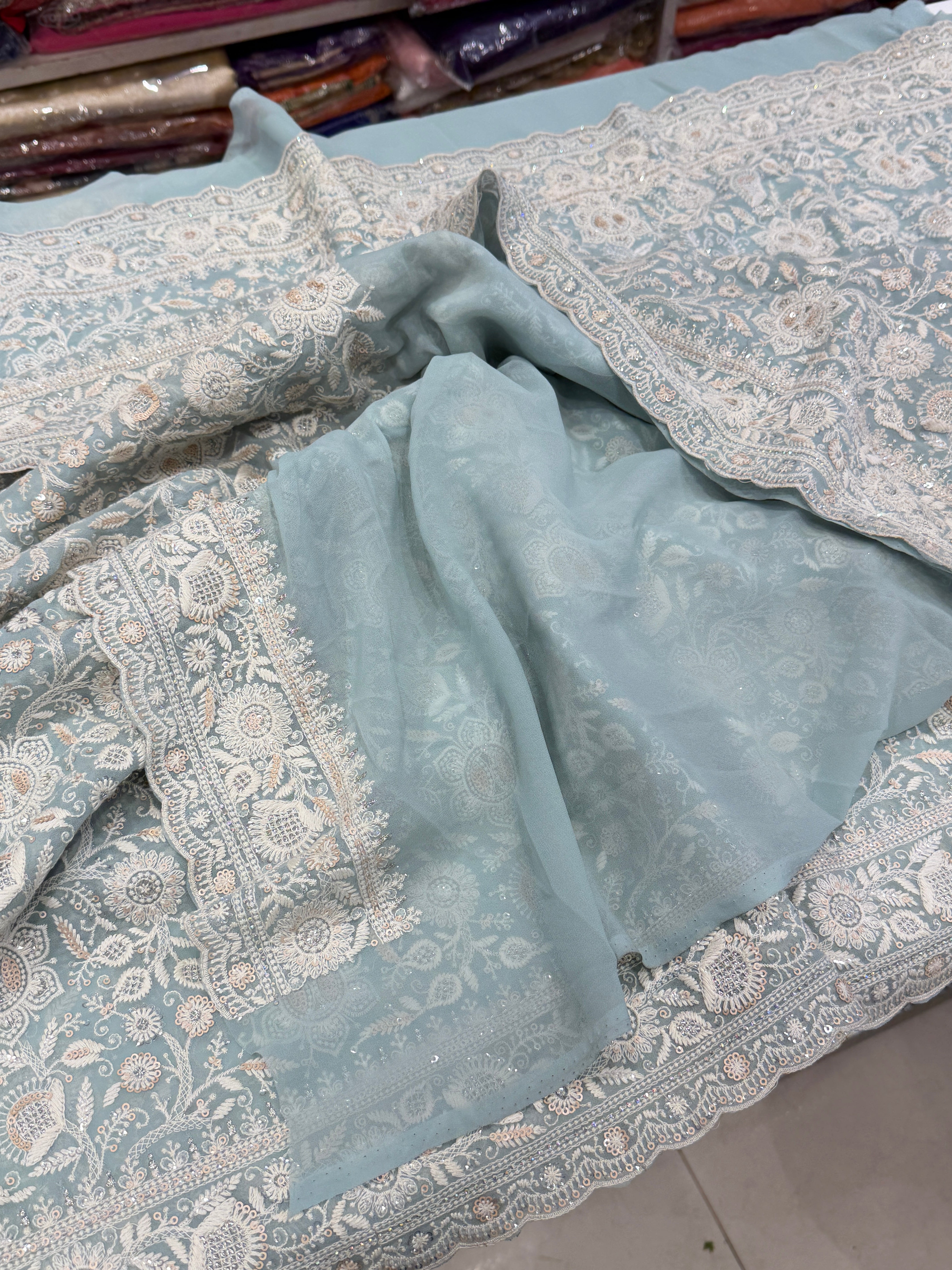 Sea Green Chikankari Georgette Small Scallop Design Saree